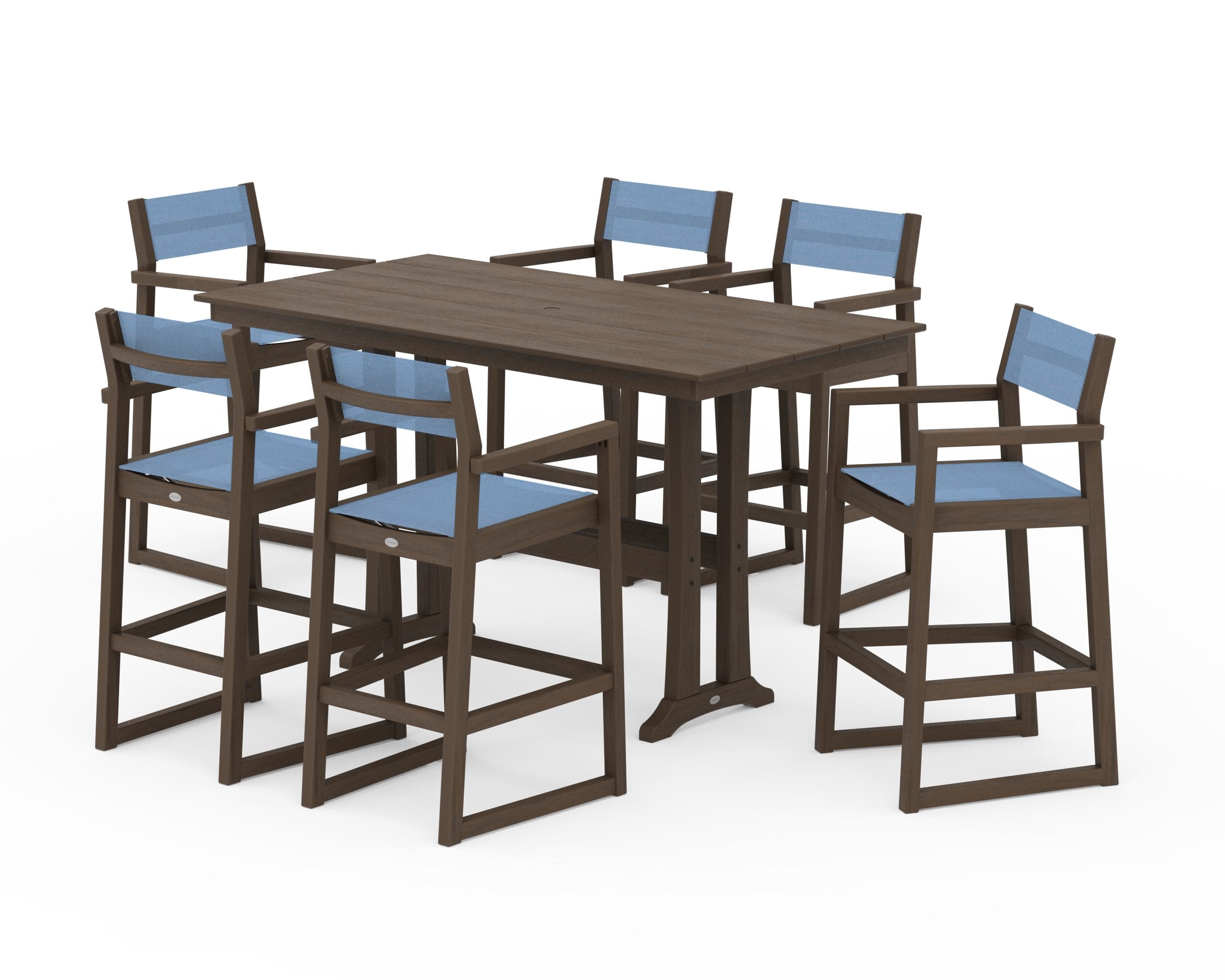 EDGE Sling Arm Chair 7-Piece Farmhouse Bar Set with Trestle Legs in Kona / Poolside Sling