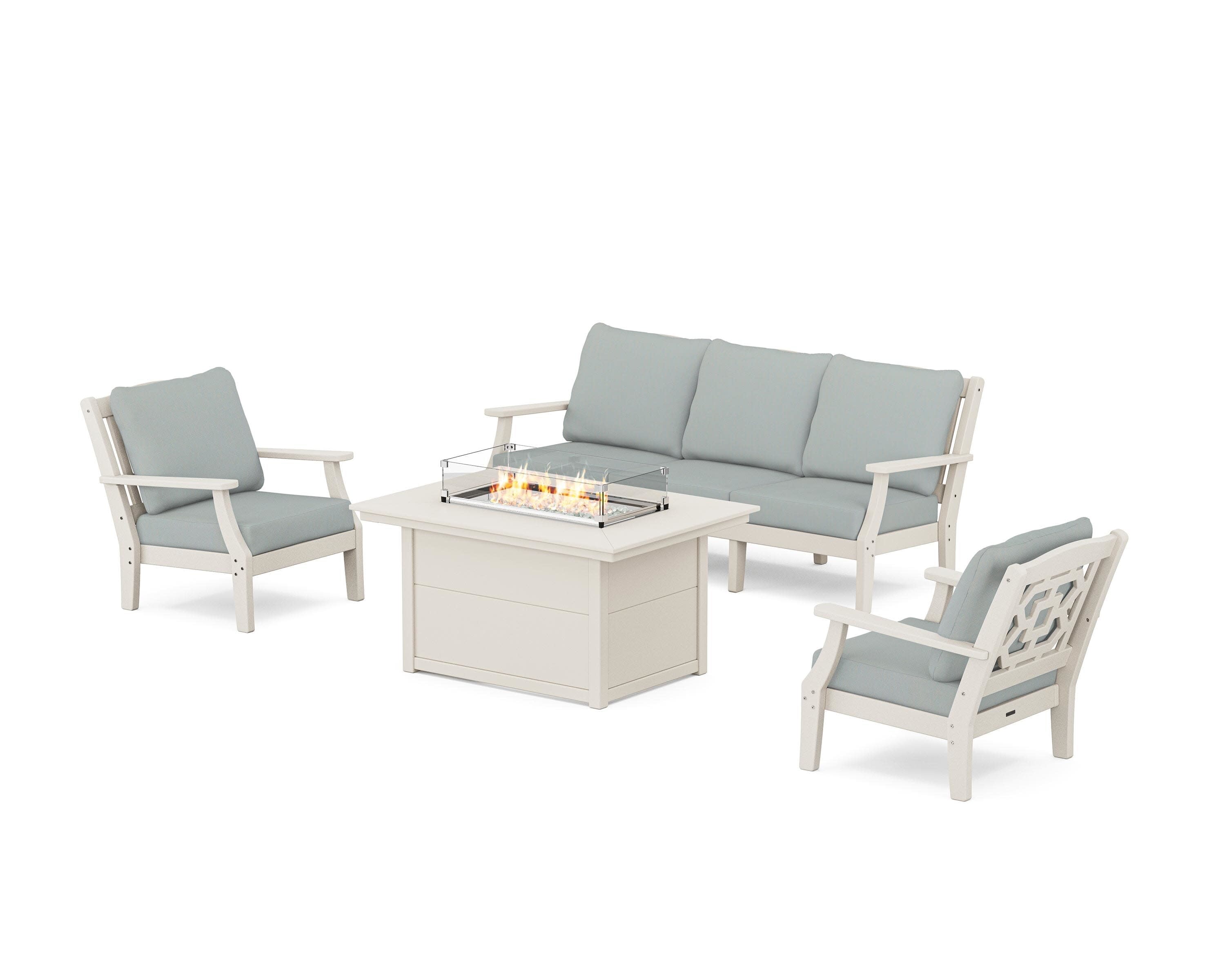 Chinoiserie Deep Seating Fire Pit Table Set in Sand / Spa
