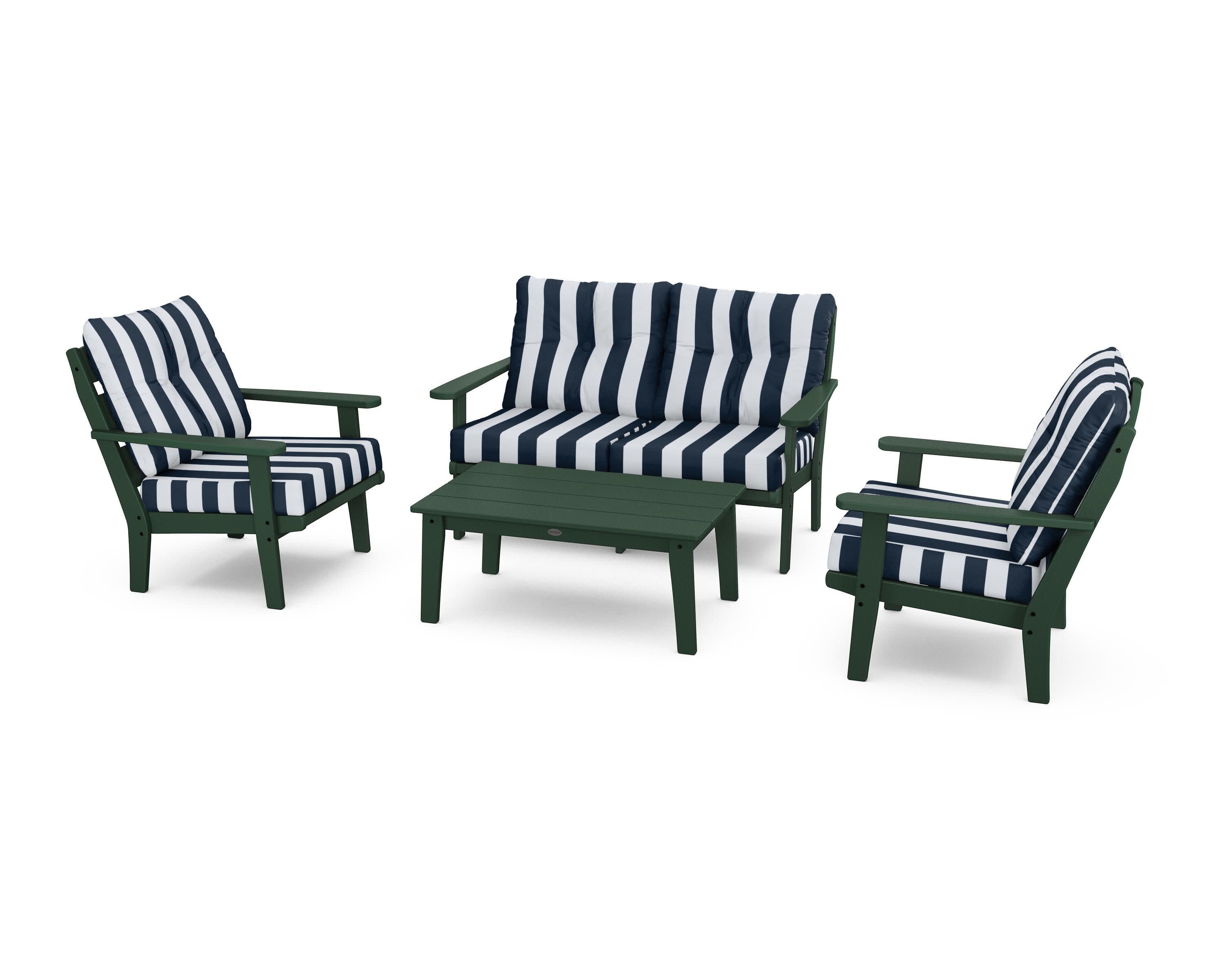 Lakeside 4-Piece Deep Seating Set in Green / Cabana Stripe Marine Indigo