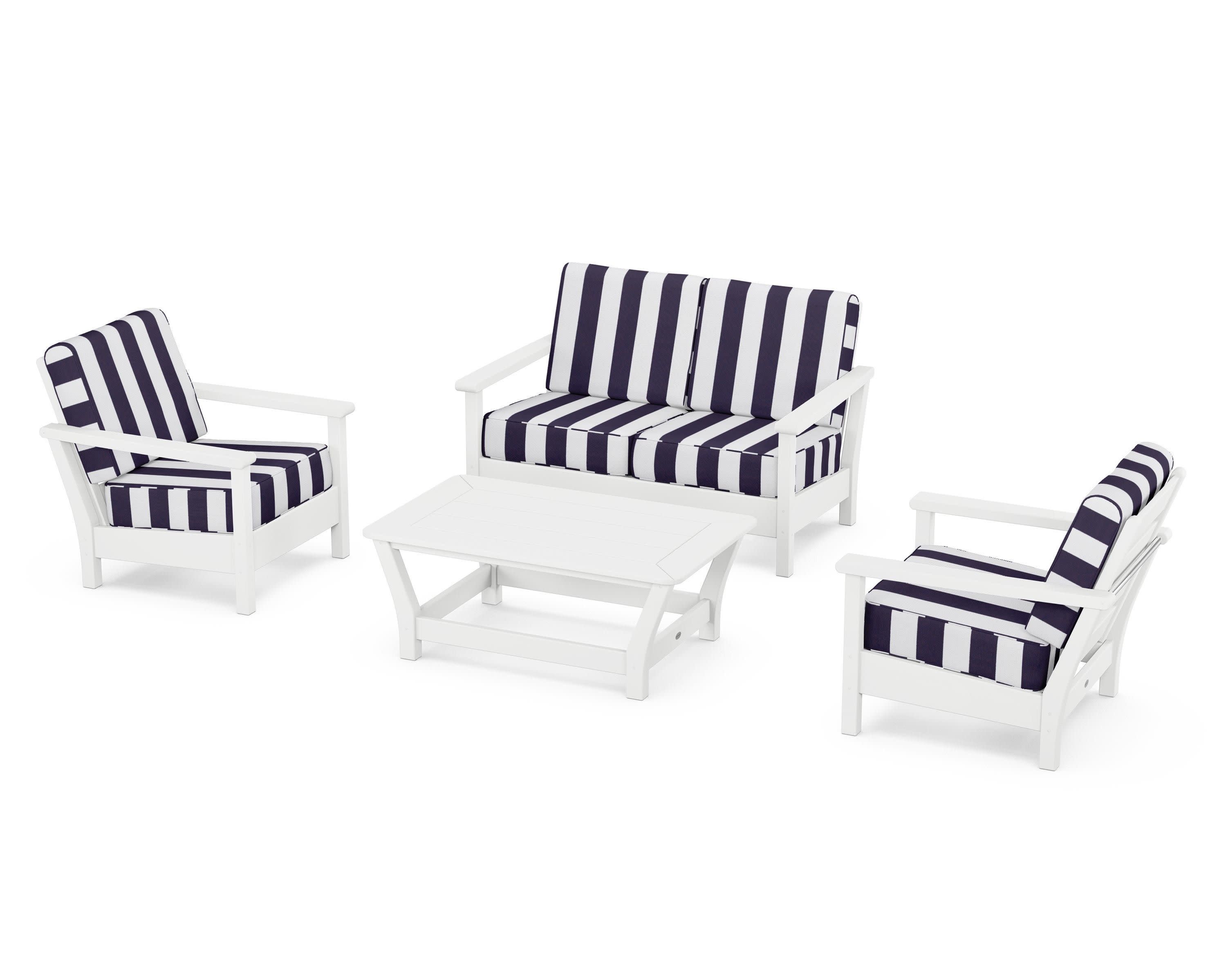 Harbour 4-Piece Deep Seating Set in White / Cabana Stripe Navy
