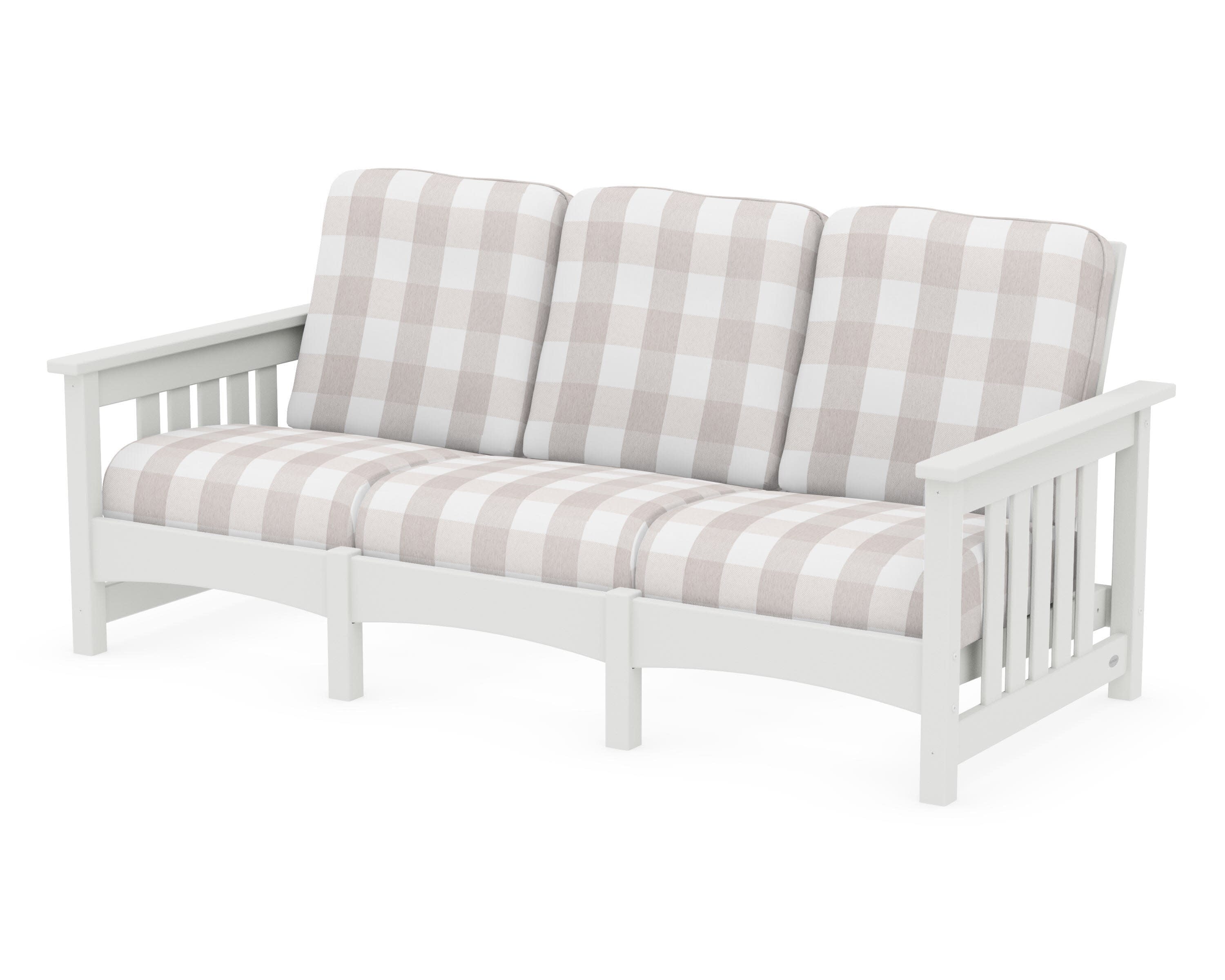 Club Mission Sofa in Vintage White / Buffalo Plaid Dune Burlap