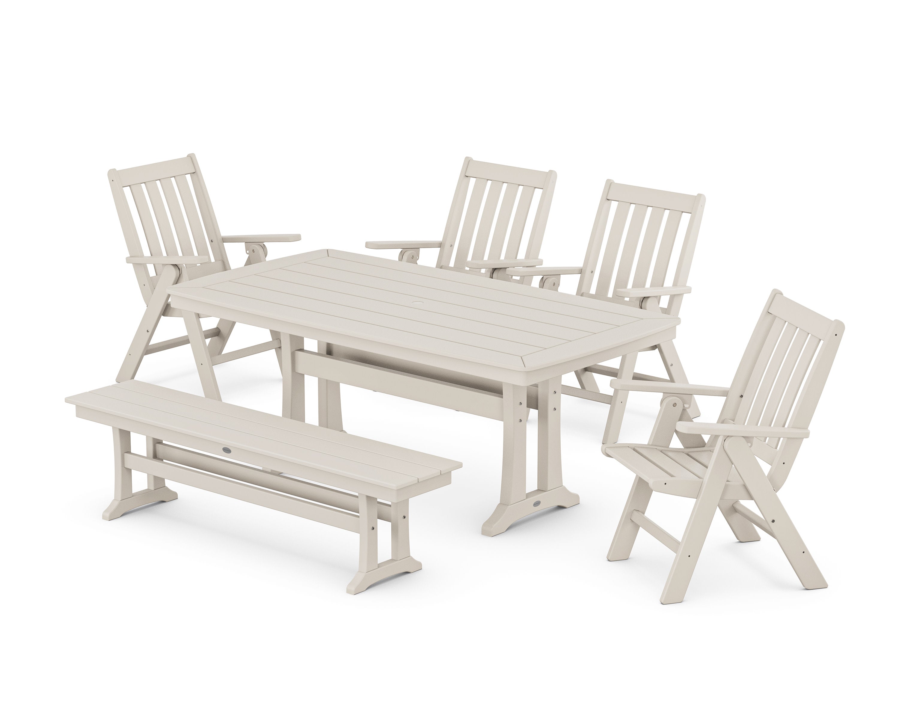 Vineyard Folding Chair 6-Piece Dining Set with Trestle Legs and Bench in Sand