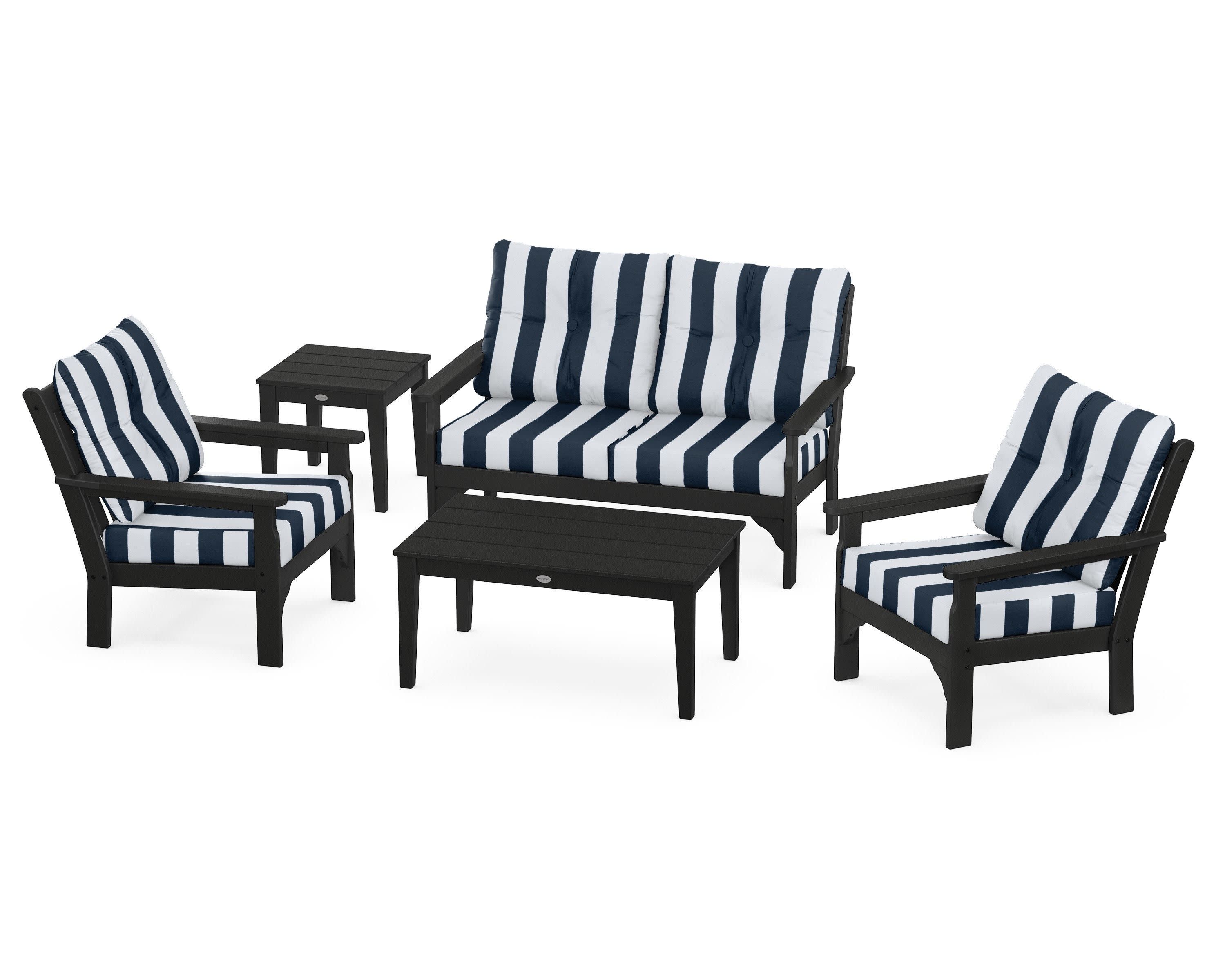 Vineyard 5-Piece Deep Seating Set in Black / Cabana Stripe Marine Indigo