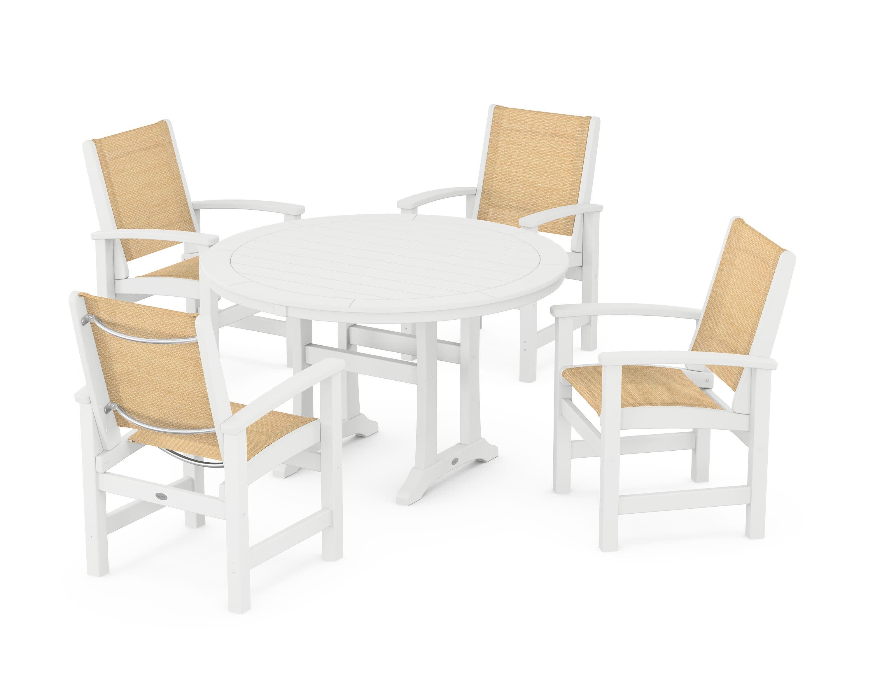 Coastal 5-Piece Round Dining Set with Trestle Legs in White / Dupioni Apricot Sling