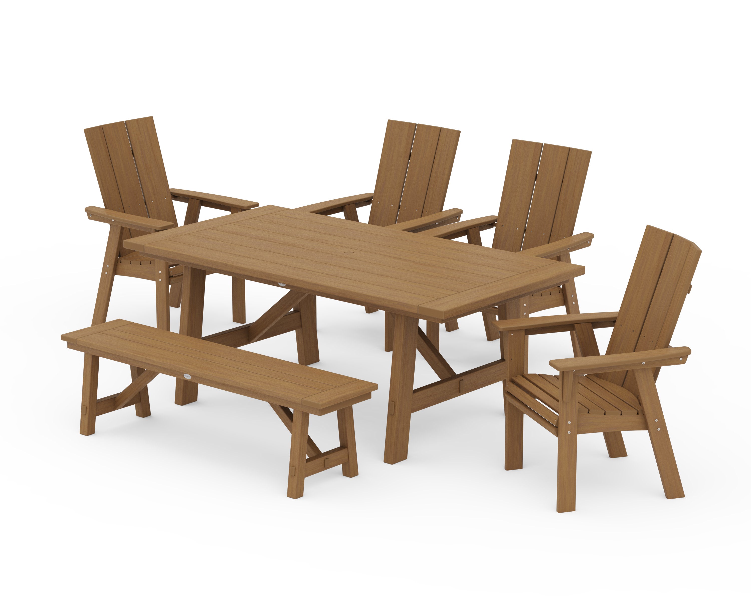 Modern Curveback Adirondack 6-Piece Rustic Farmhouse Dining Set with Bench in Natural