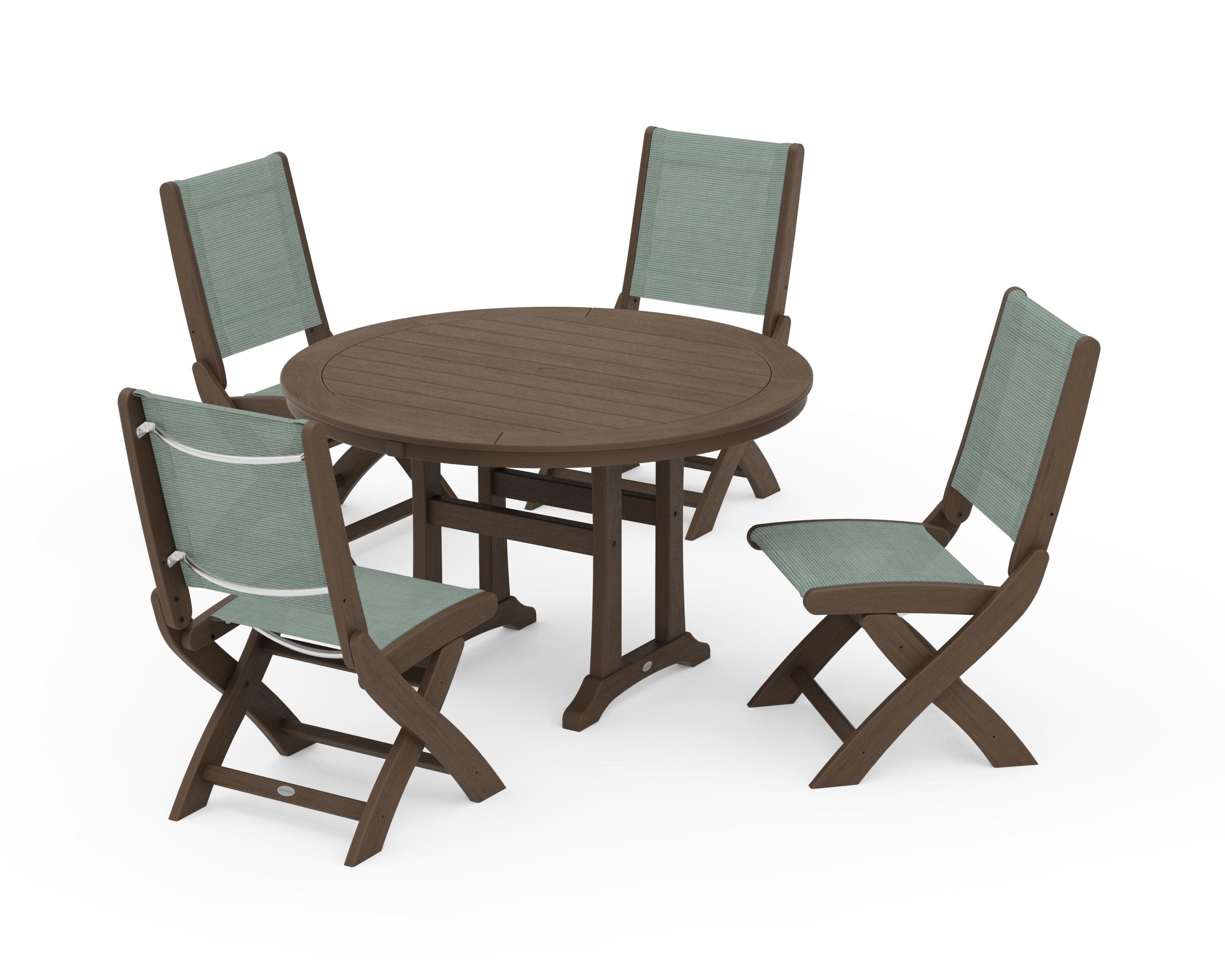 Coastal Folding Side Chair 5-Piece Round Dining Set With Trestle Legs in Kona / Dupioni Sea Mist Sling
