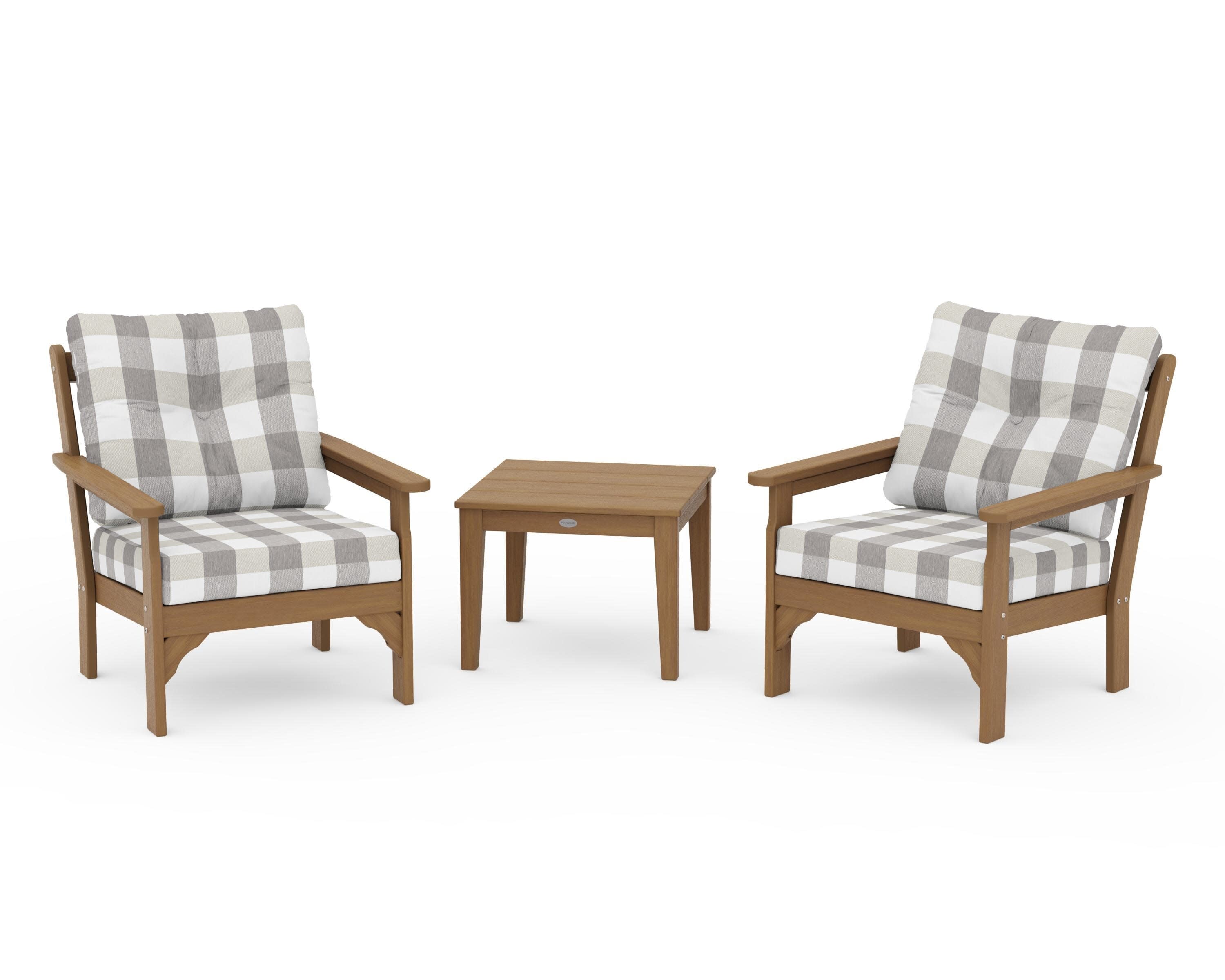 Vineyard 3-Piece Deep Seating Set in Natural / Buffalo Plaid Grey Mist