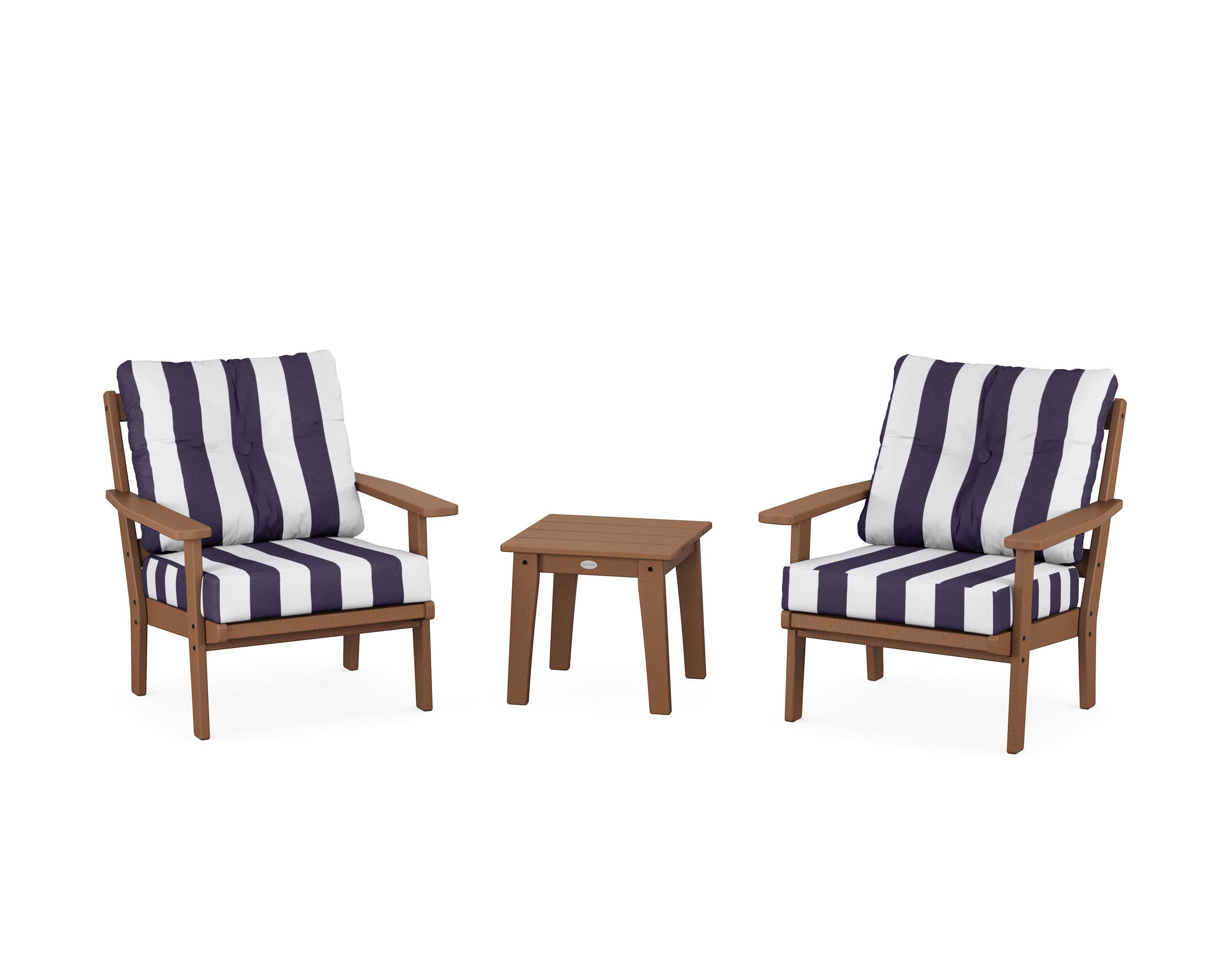 Oxford 3-Piece Deep Seating Set in Teak / Cabana Stripe Navy