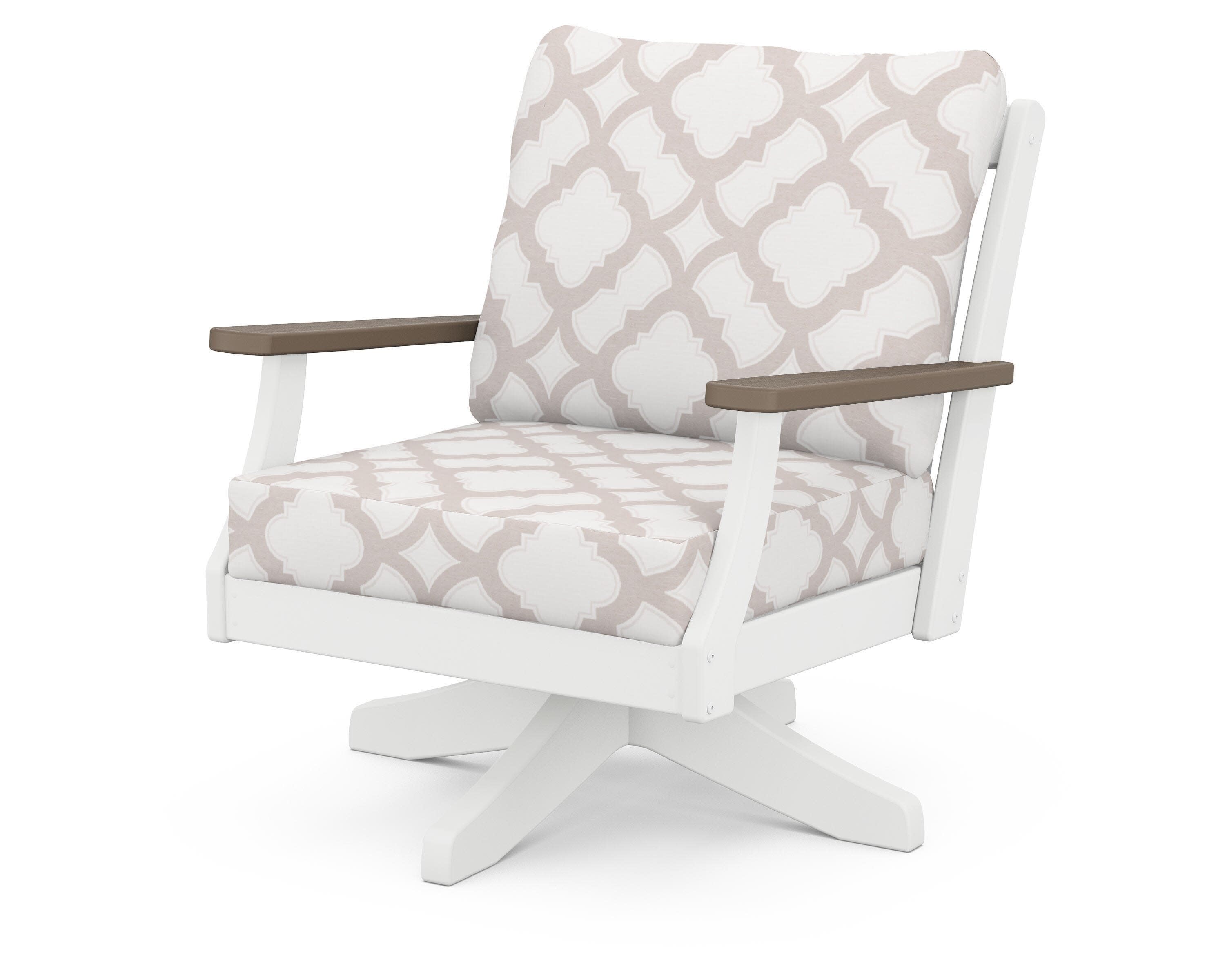 Braxton Deep Seating Swivel Chair in White / Kona / Trellis Dune Burlap
