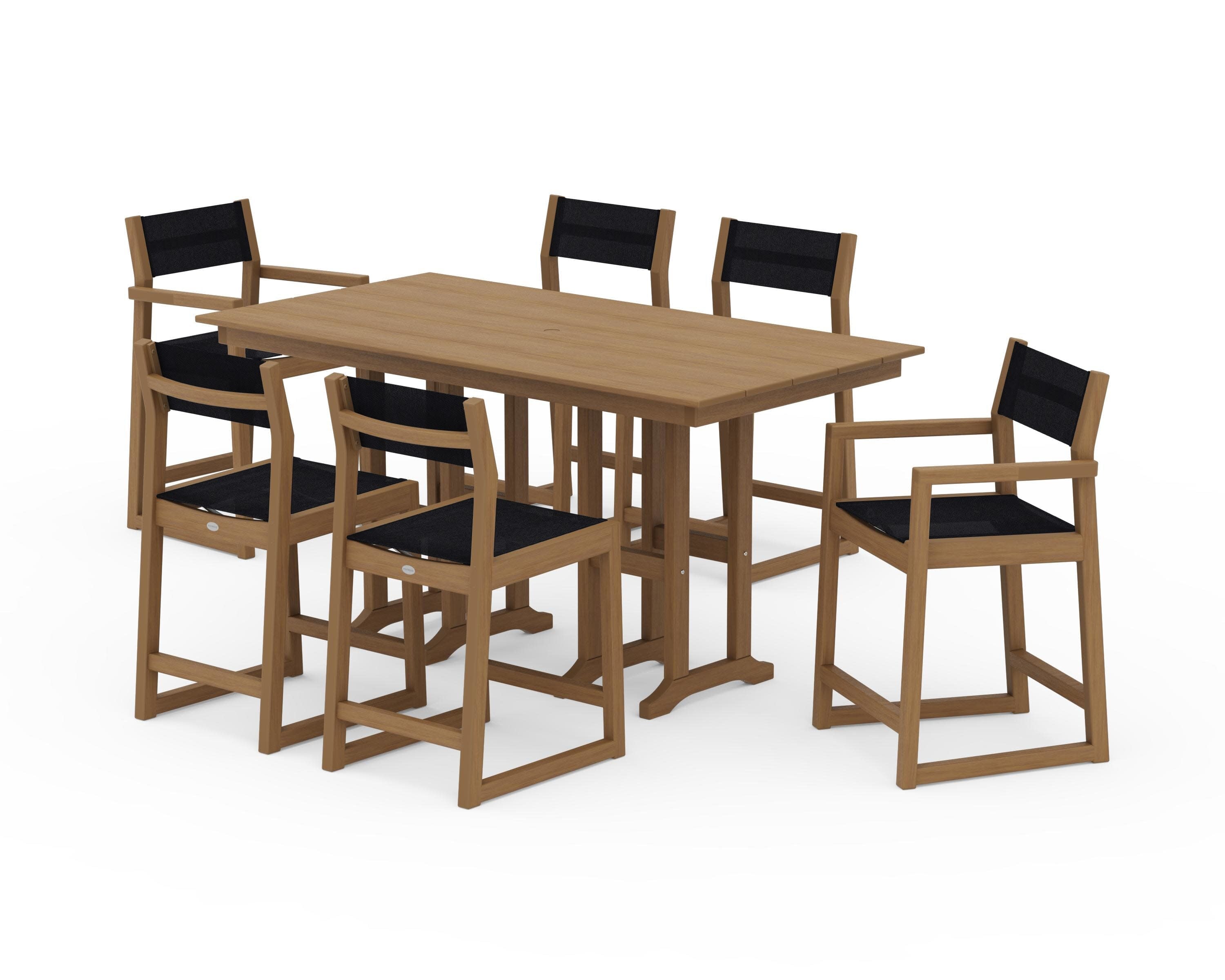 EDGE Sling 7-Piece Farmhouse Counter Set with Trestle Legs in Natural / Black Sling