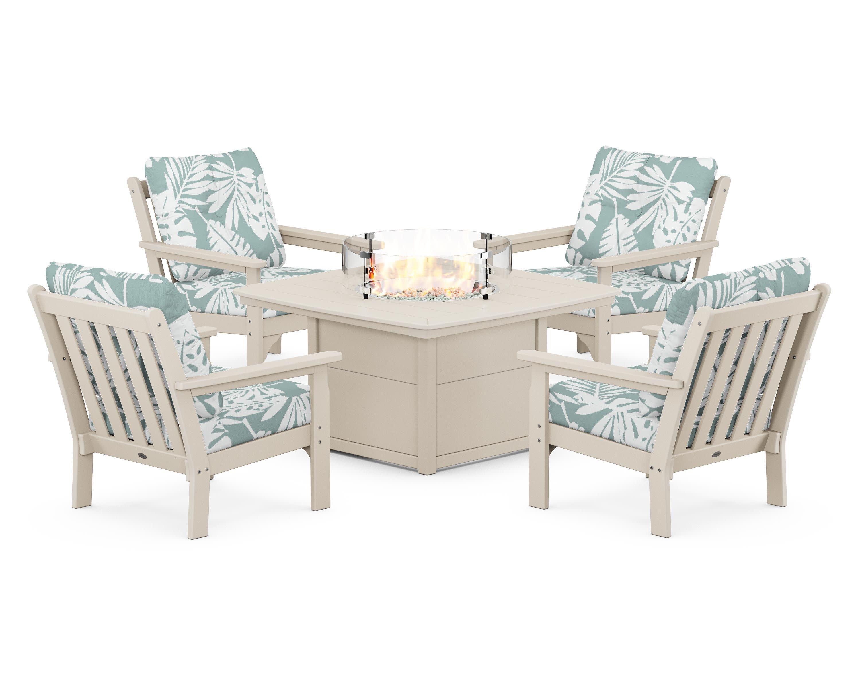 Vineyard 5-Piece Conversation Set with Fire Pit Table in Sand / Leaf Glacier Spa