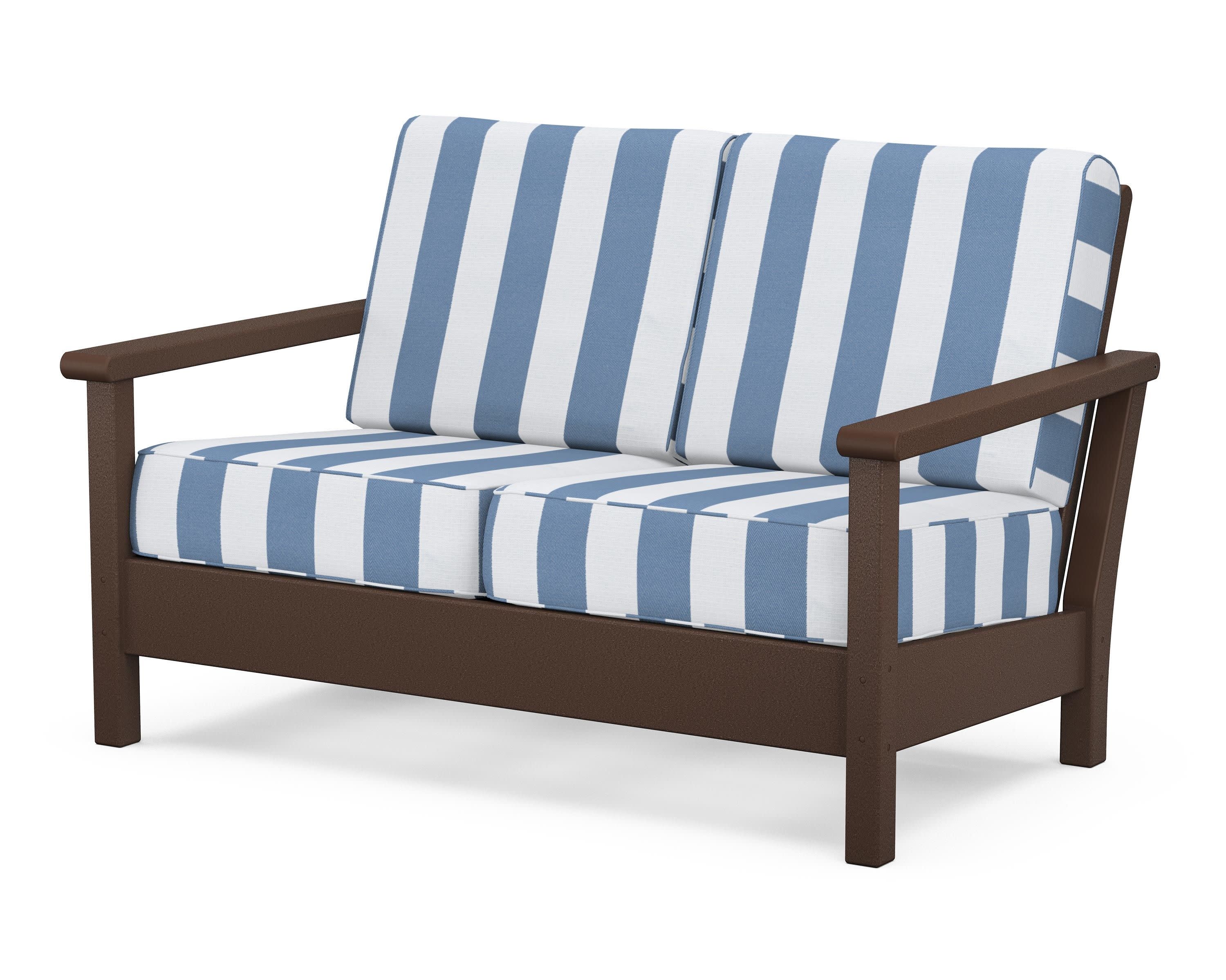 Harbour Deep Seating Loveseat in Mahogany / Cabana Stripe Sky Blue