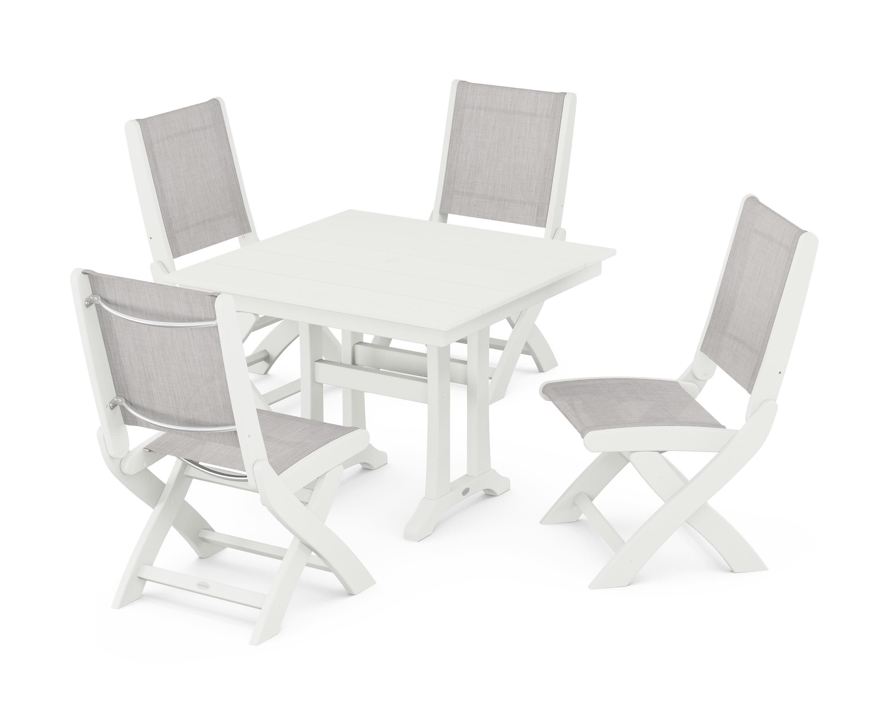 Coastal Folding Side Chair 5-Piece Farmhouse Dining Set With Trestle Legs in Vintage White / Parchment Sling
