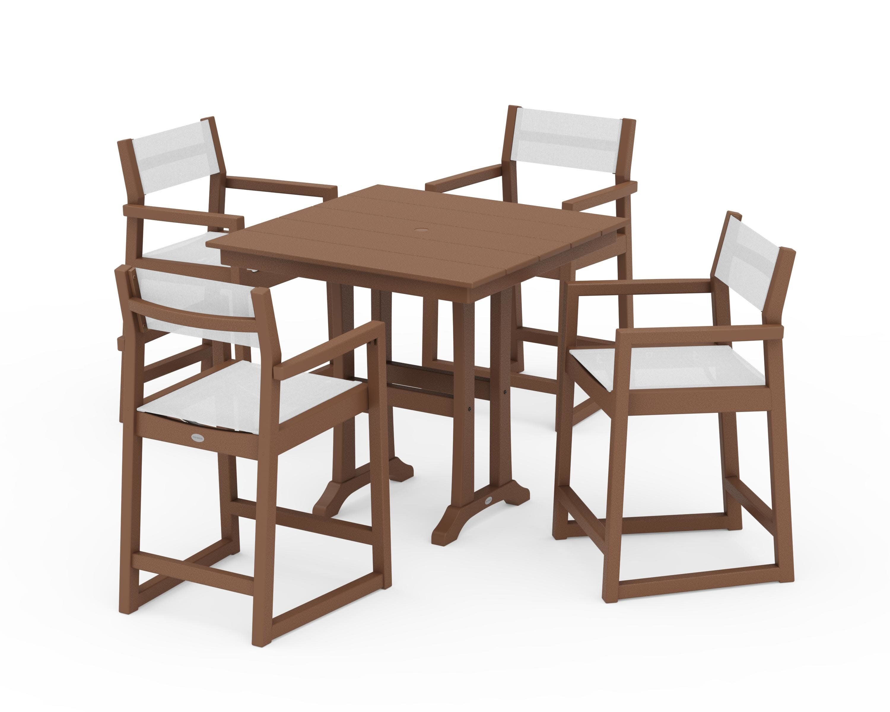 EDGE Sling Arm Chair 5-Piece Farmhouse Counter Set with Trestle Legs in Teak / White Sling