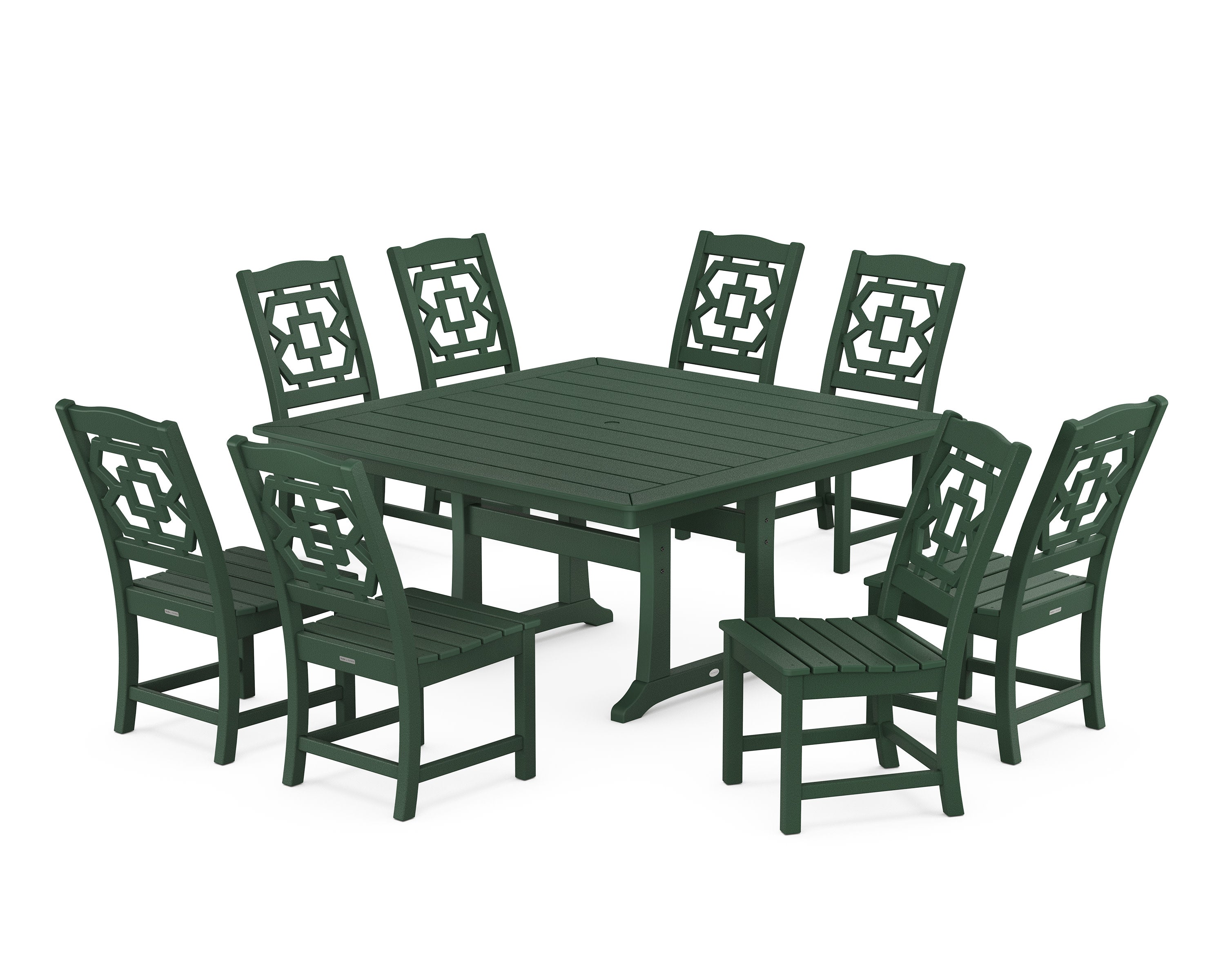 Chinoiserie 9-Piece Square Side Chair Dining Set with Trestle Legs in Green