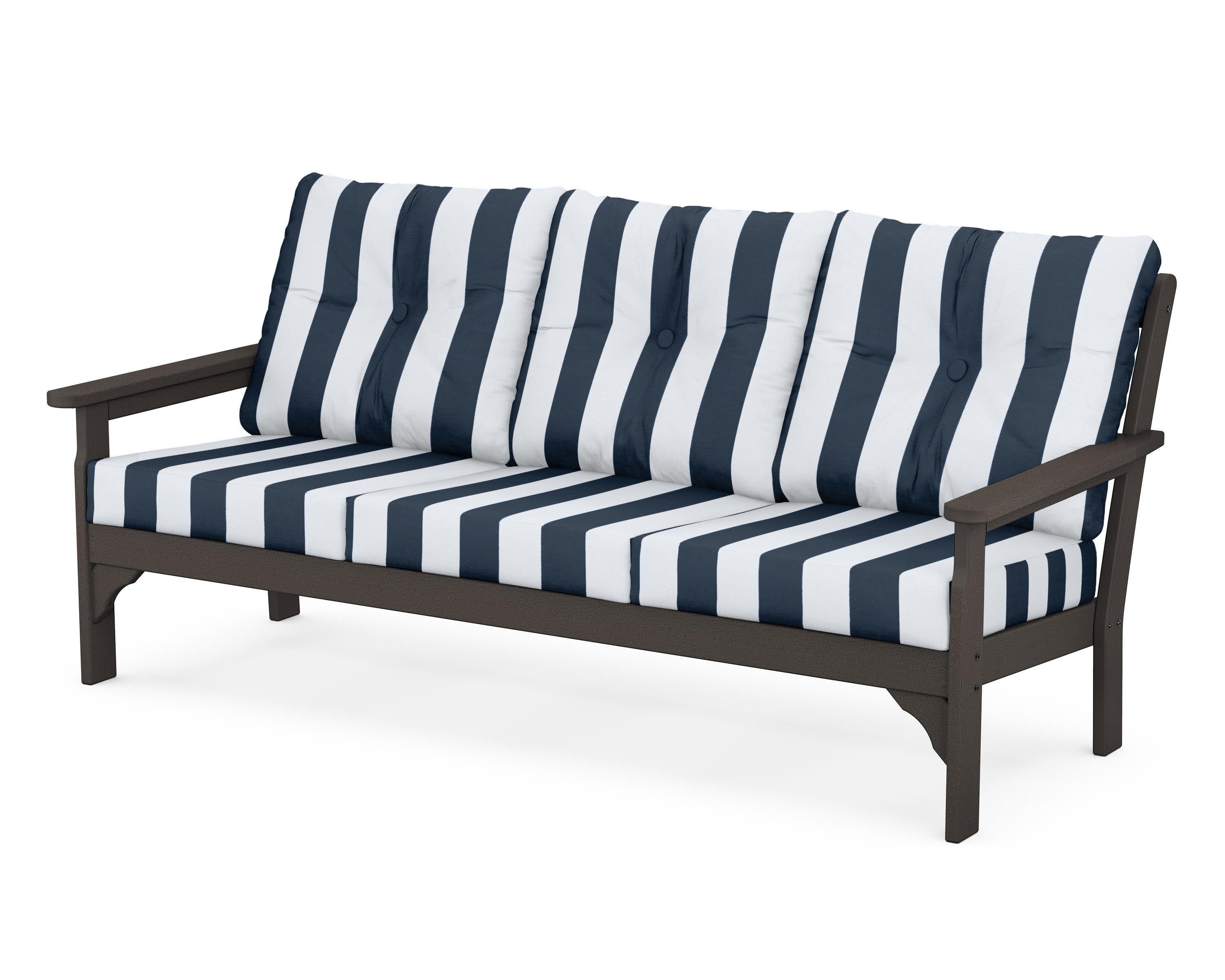 Vineyard Deep Seating Sofa in Vintage Coffee / Cabana Stripe Marine Indigo