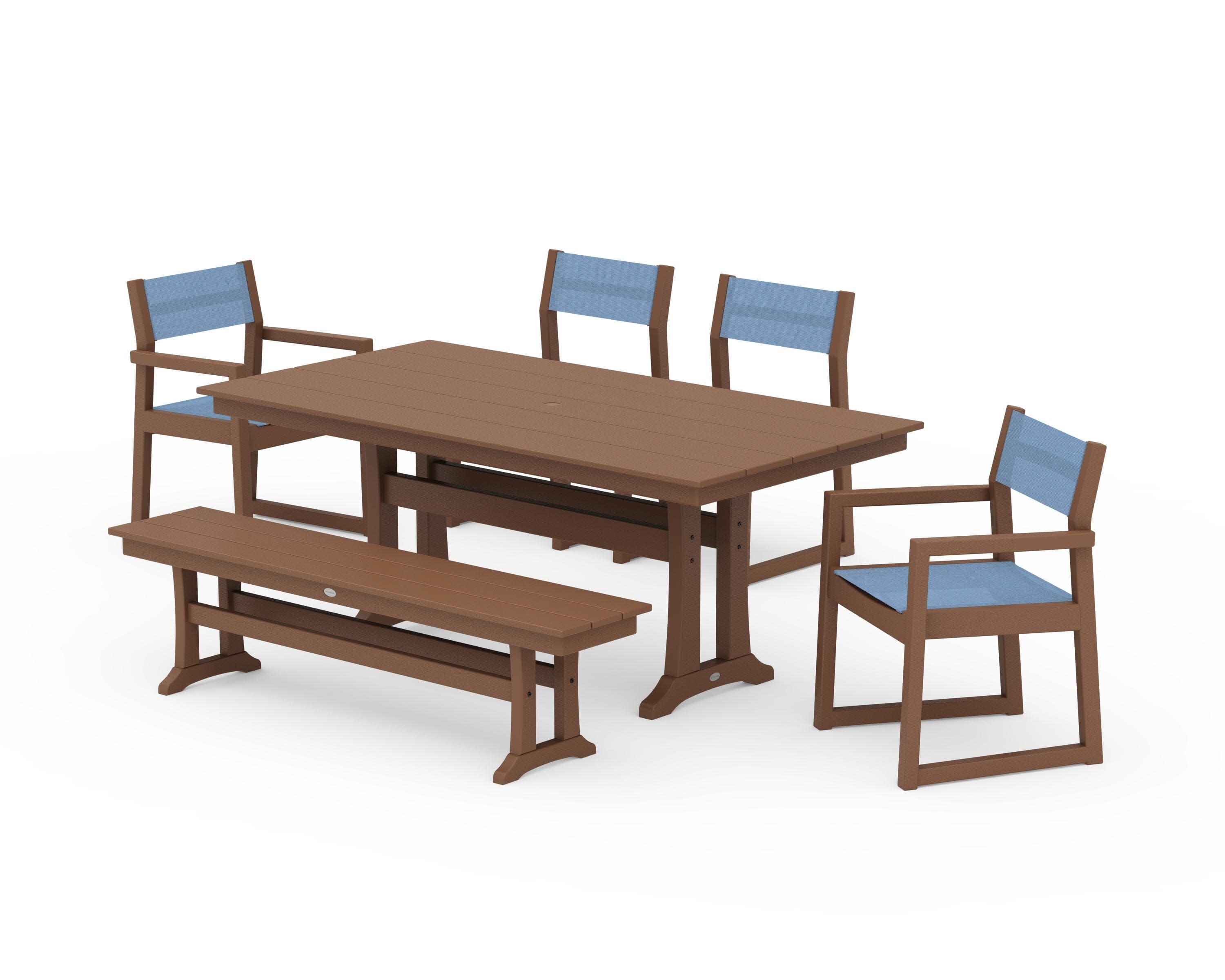 EDGE Sling 6-Piece Farmhouse Dining Set With Trestle Legs in Teak / Poolside Sling