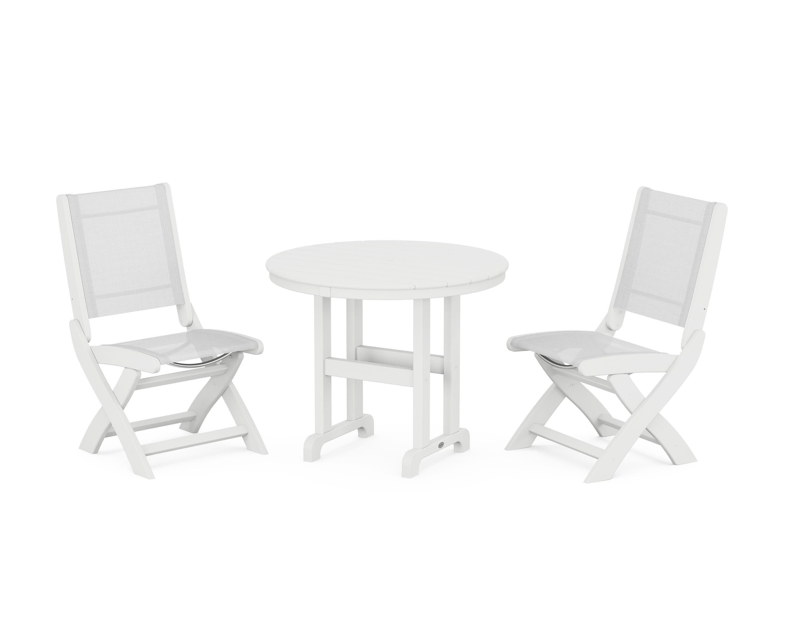Coastal Folding Side Chair 3-Piece Round Dining Set in White / White Sling