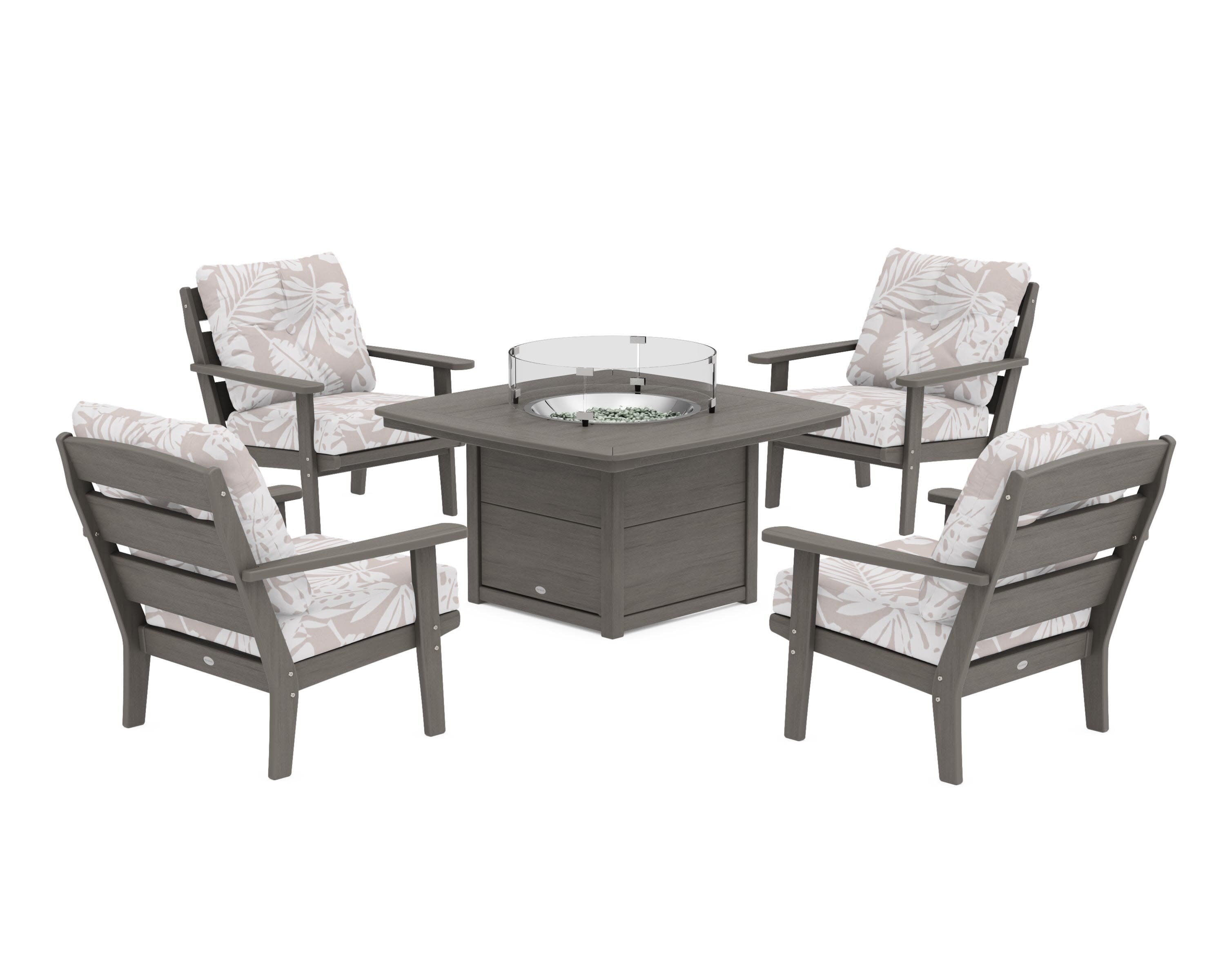 Lakeside 5-Piece Deep Seating Set with Nautical Fire Pit Table in Driftwood / Leaf Dune Burlap
