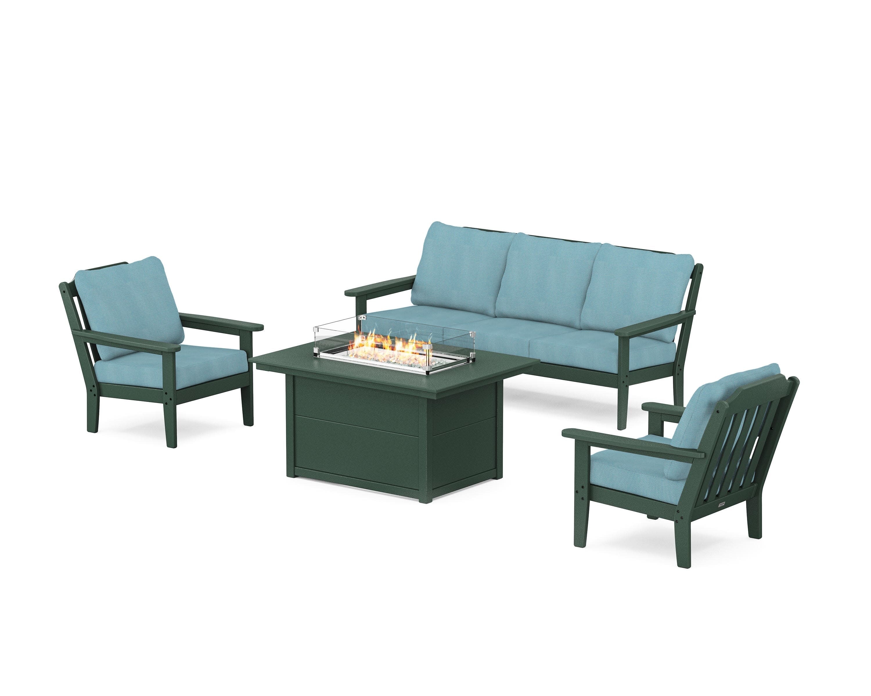 Cottage Deep Seating Fire Pit Table Set in Green / Lattice Sky Blue