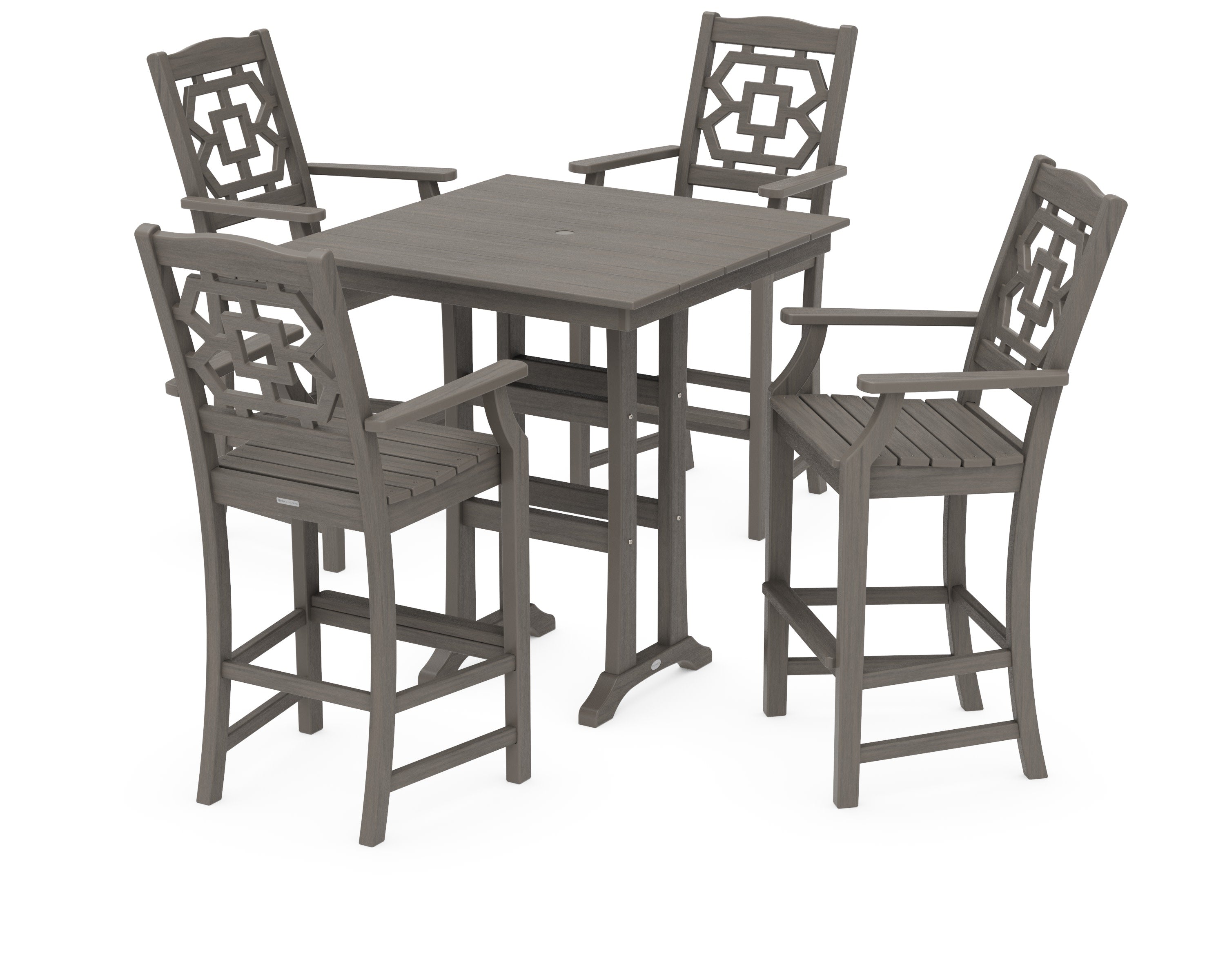 Chinoiserie 5-Piece Farmhouse Bar Set with Trestle Legs in Driftwood