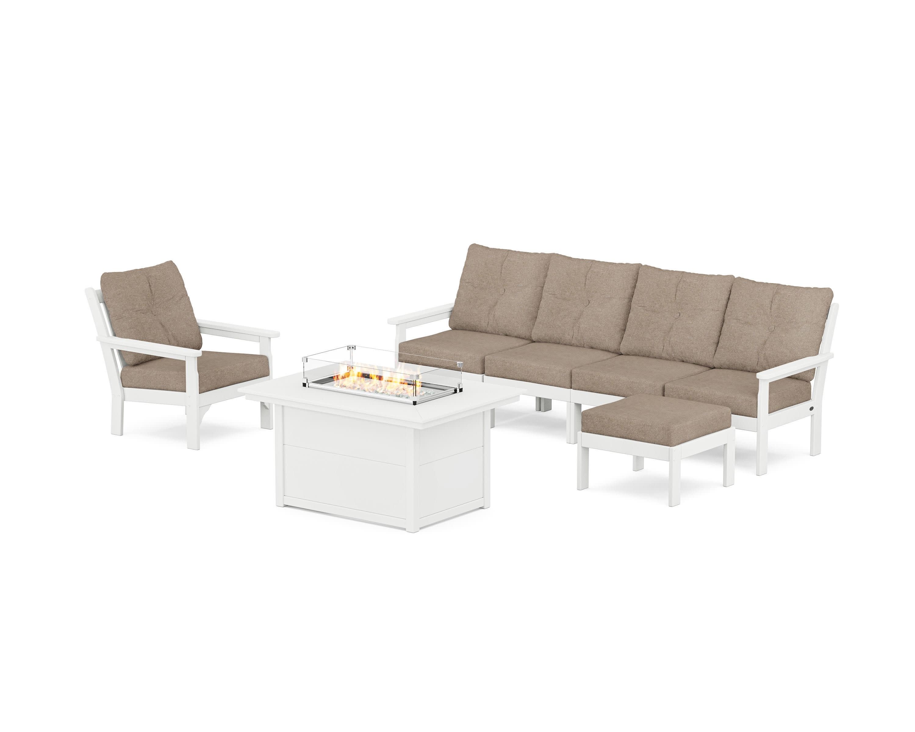 Vineyard Sectional Lounge and Fire Pit Set in White / Spiced Burlap