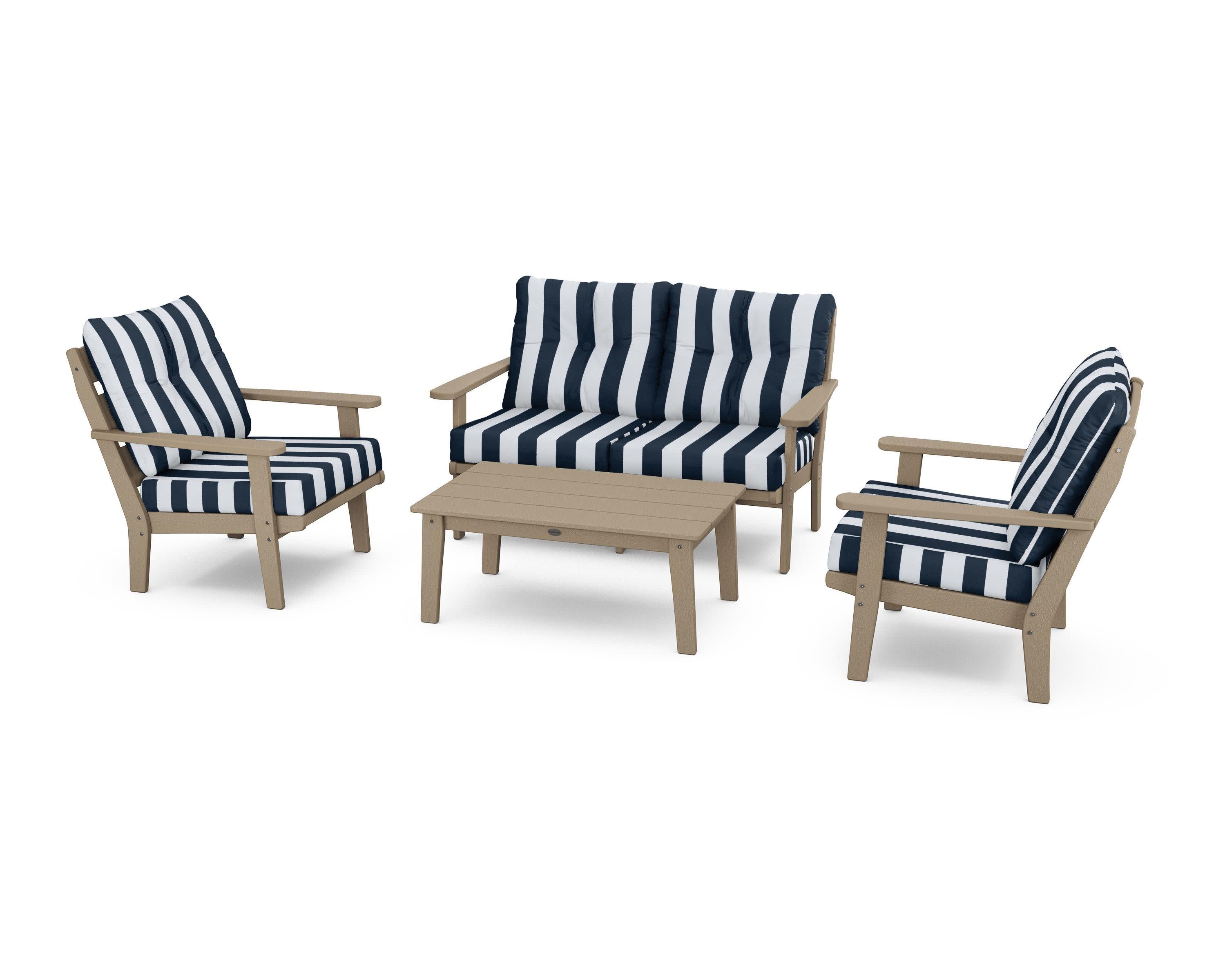 Lakeside 4-Piece Deep Seating Set in Vintage Sahara / Cabana Stripe Marine Indigo