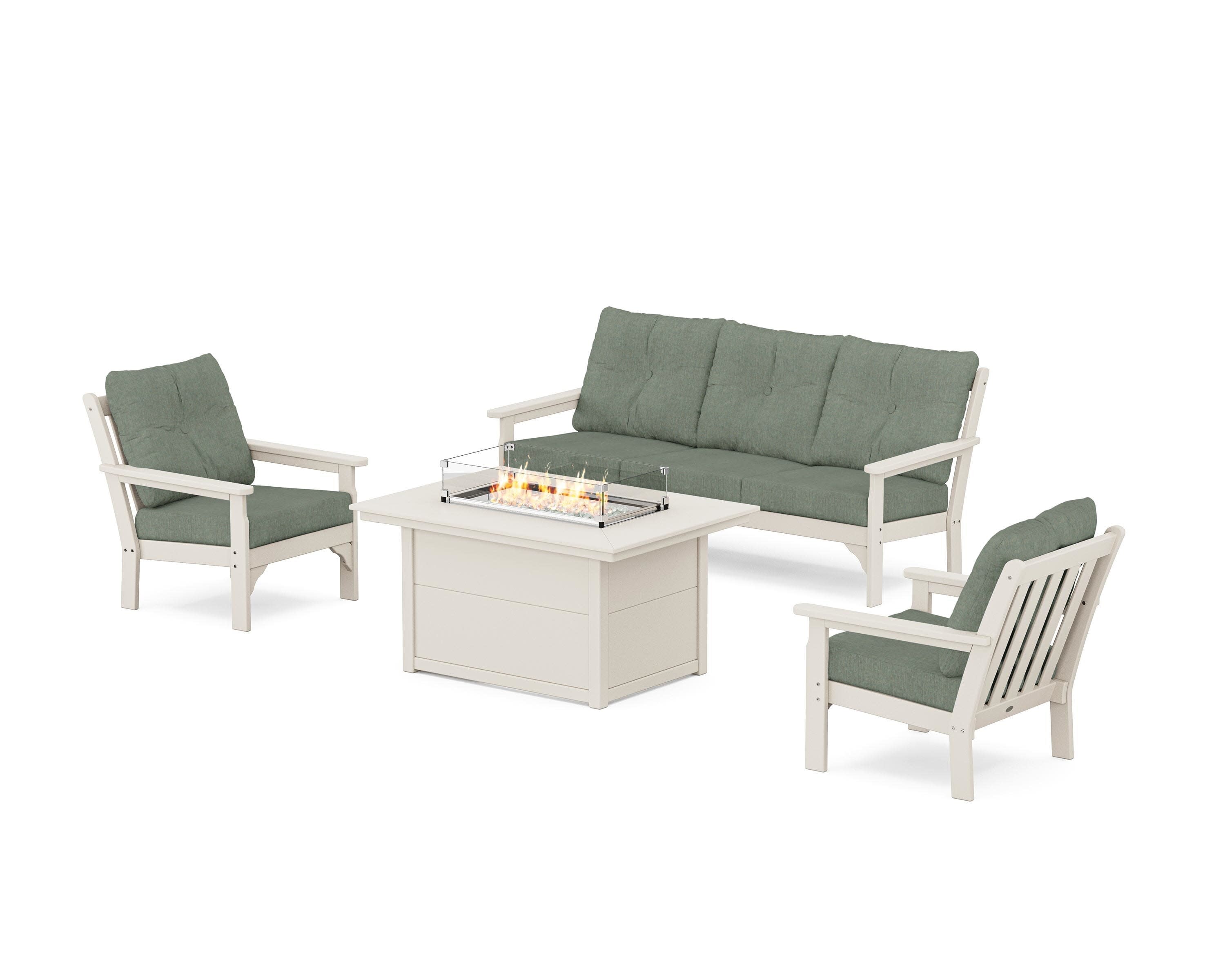 Vineyard Deep Seating Fire Pit Table Set in Sand / Cast Sage