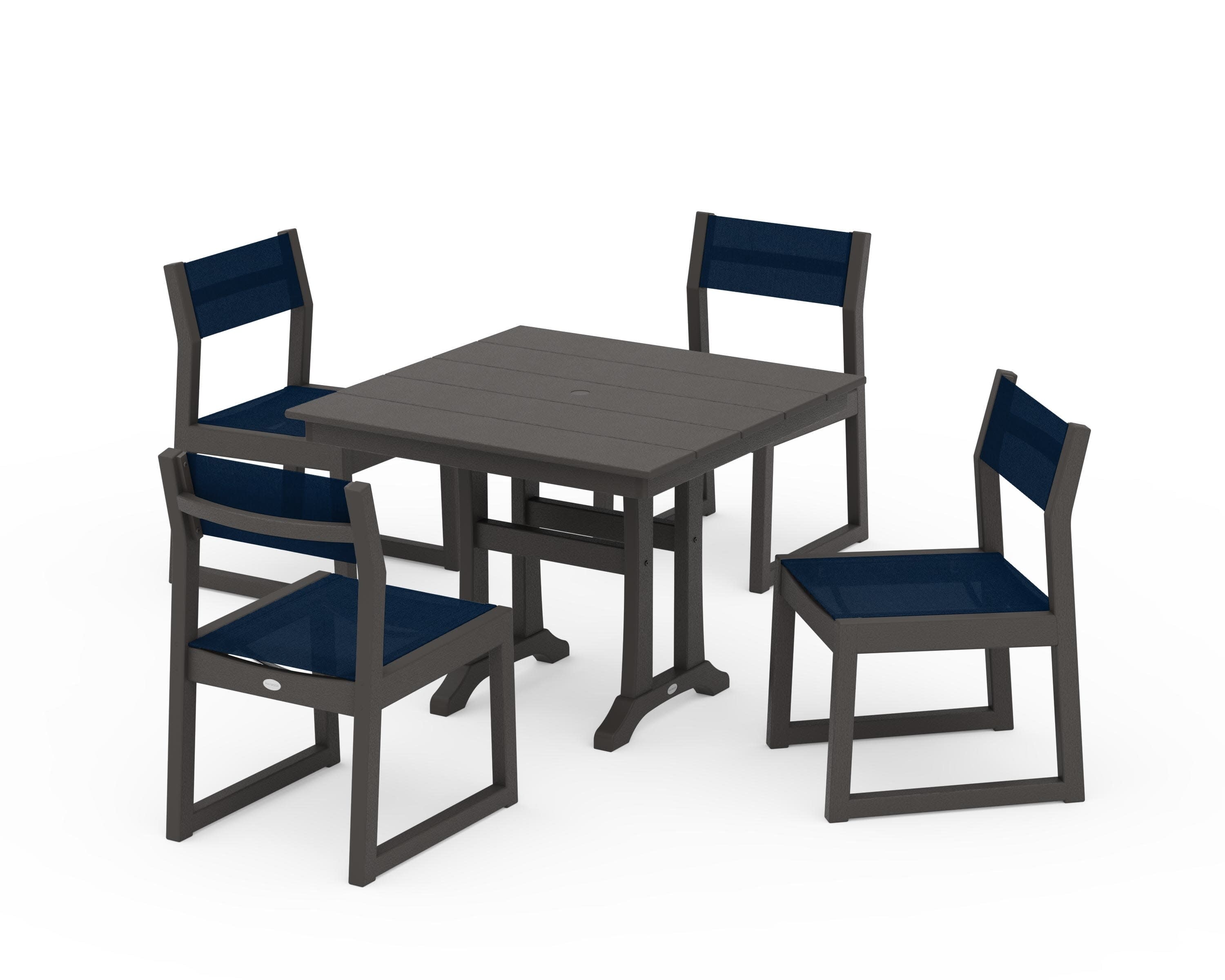 EDGE Sling 5-Piece Farmhouse Trestle Side Chair Dining Set in Vintage Coffee / Navy Blue Sling