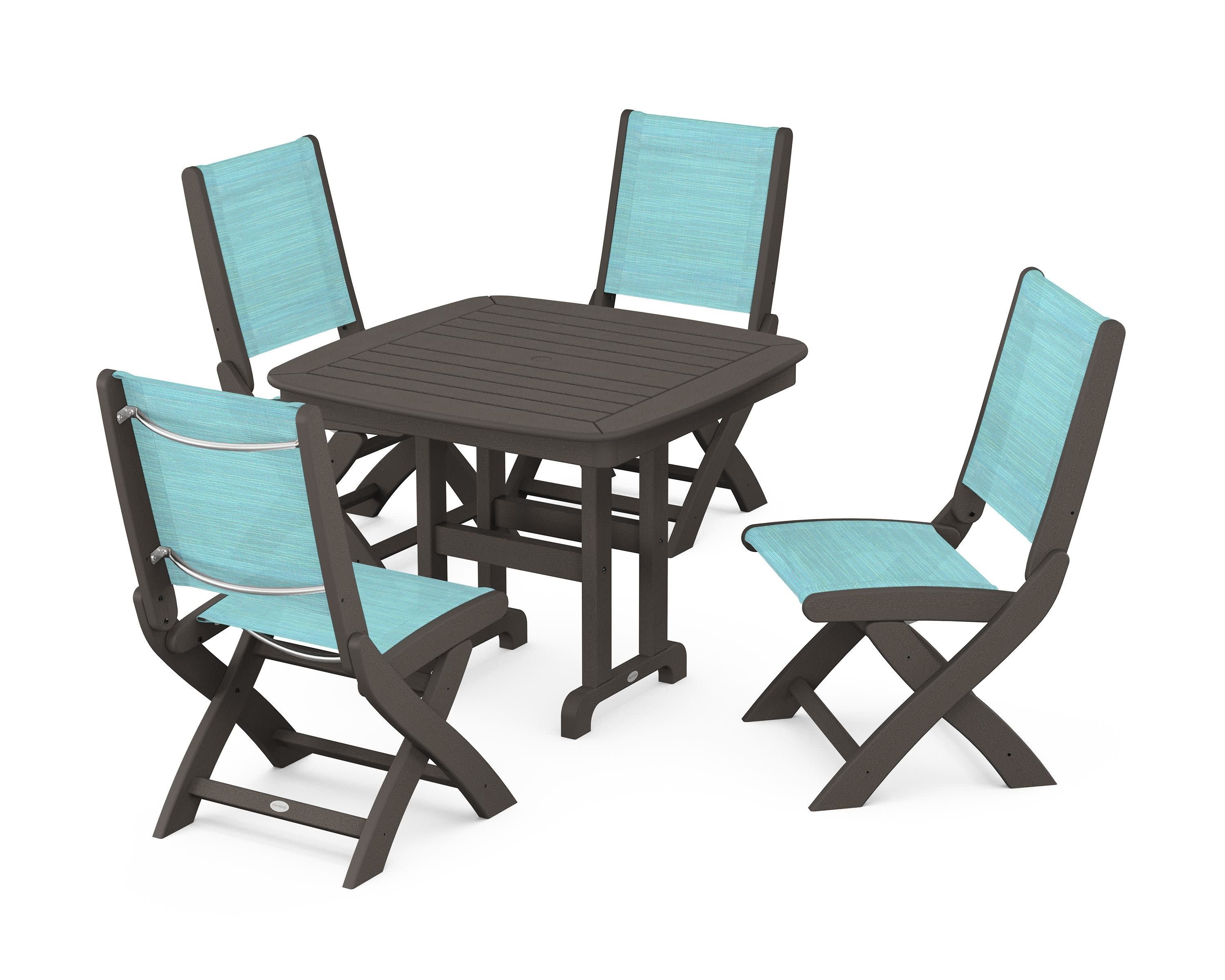 Coastal Folding Side Chair 5-Piece Dining Set in Vintage Coffee / Dupioni Aquamarine Sling