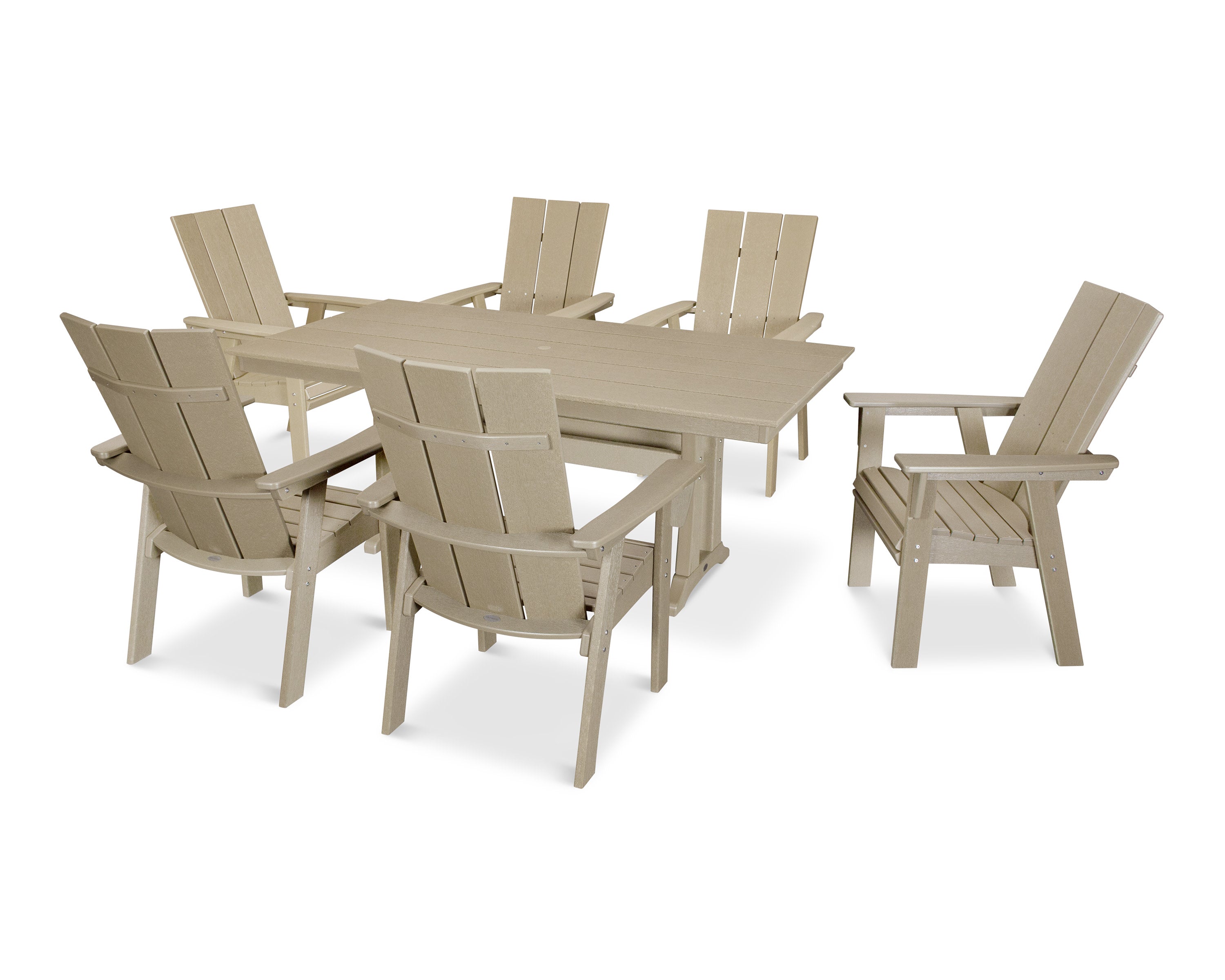 Modern Curveback Adirondack 7-Piece Farmhouse Dining Set with Trestle Legs in Vintage Sahara
