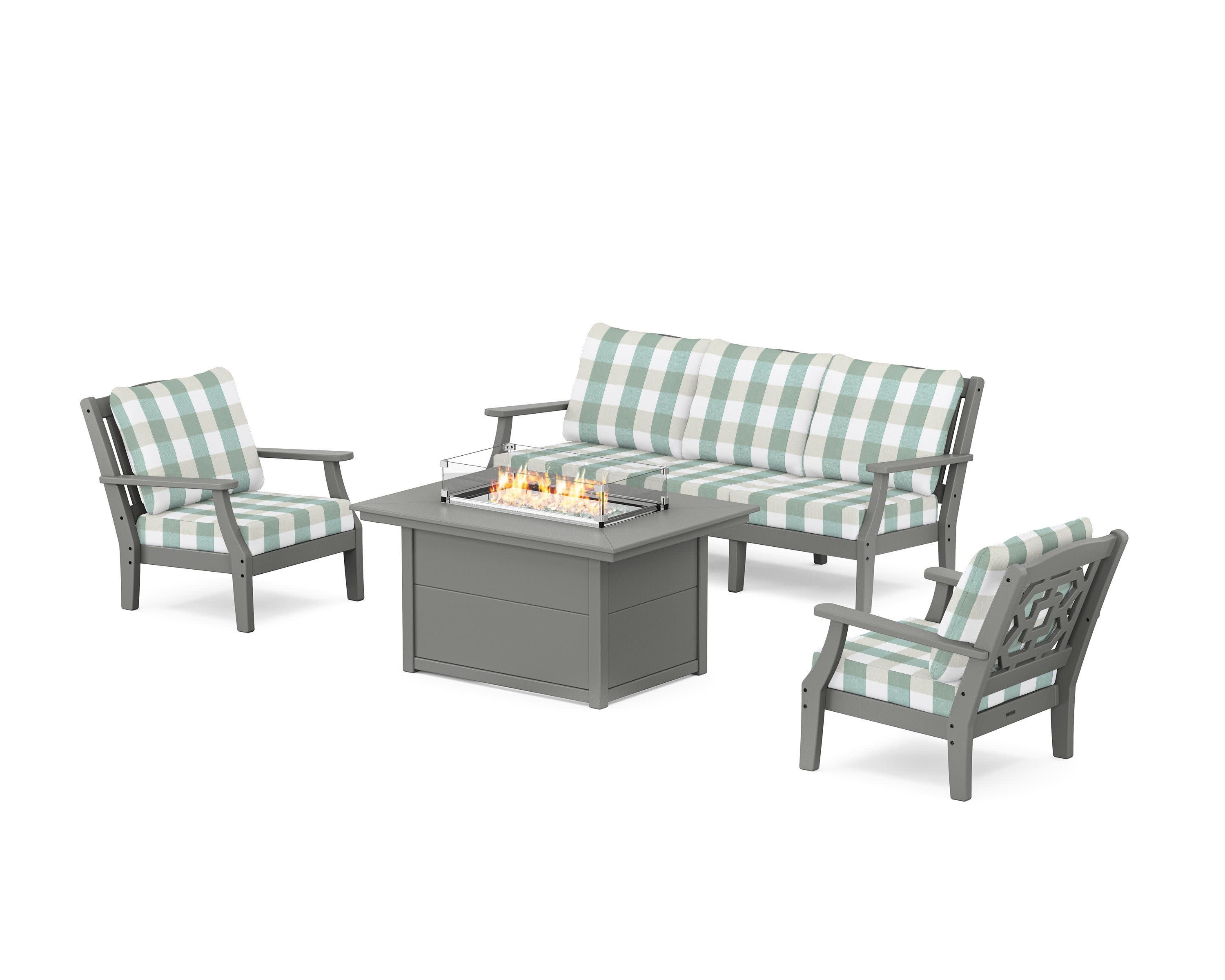 Chinoiserie Deep Seating Fire Pit Table Set in Slate Grey / Buffalo Plaid Glacier Spa