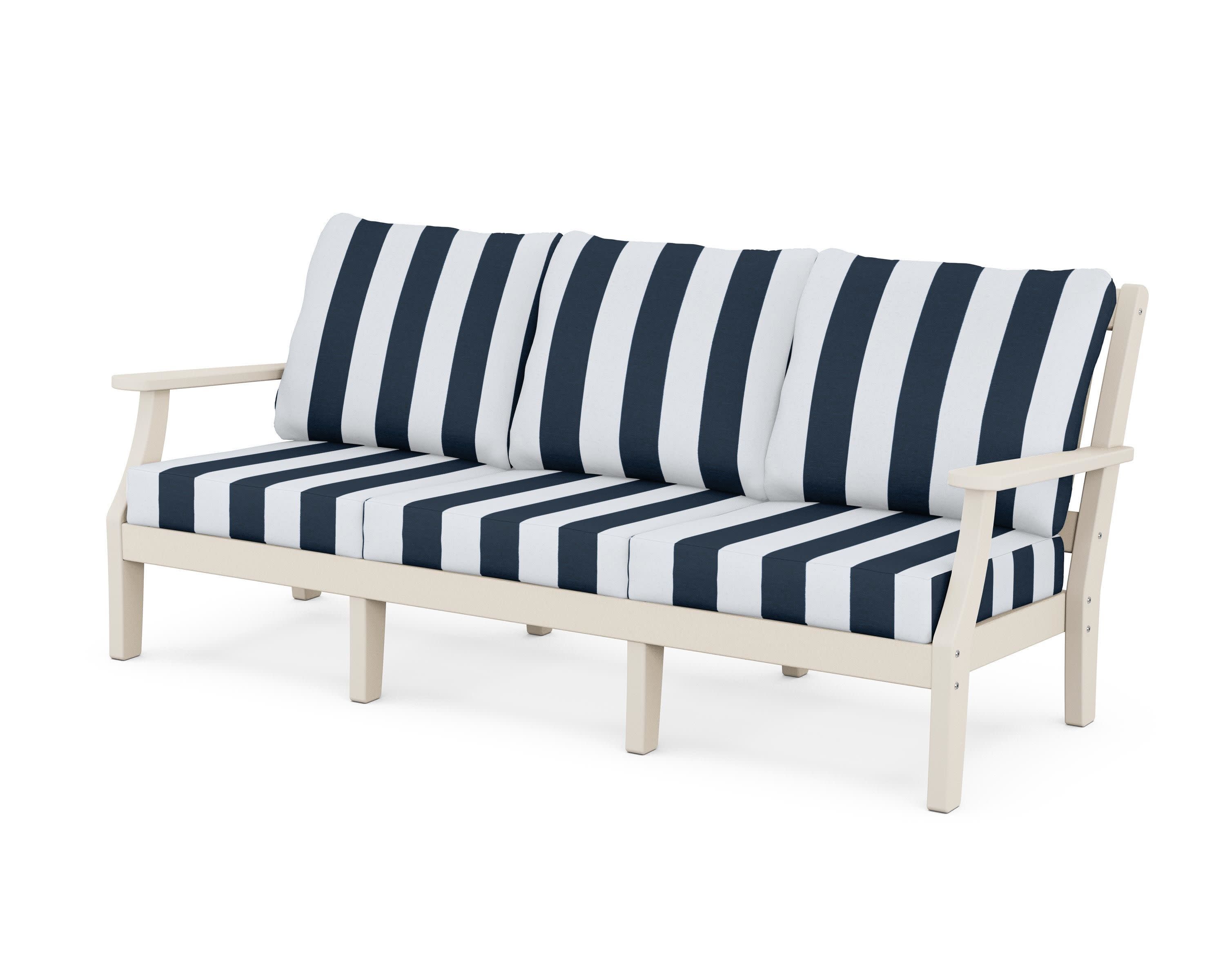 Chinoiserie Deep Seating Sofa in Sand / Cabana Stripe Marine Indigo