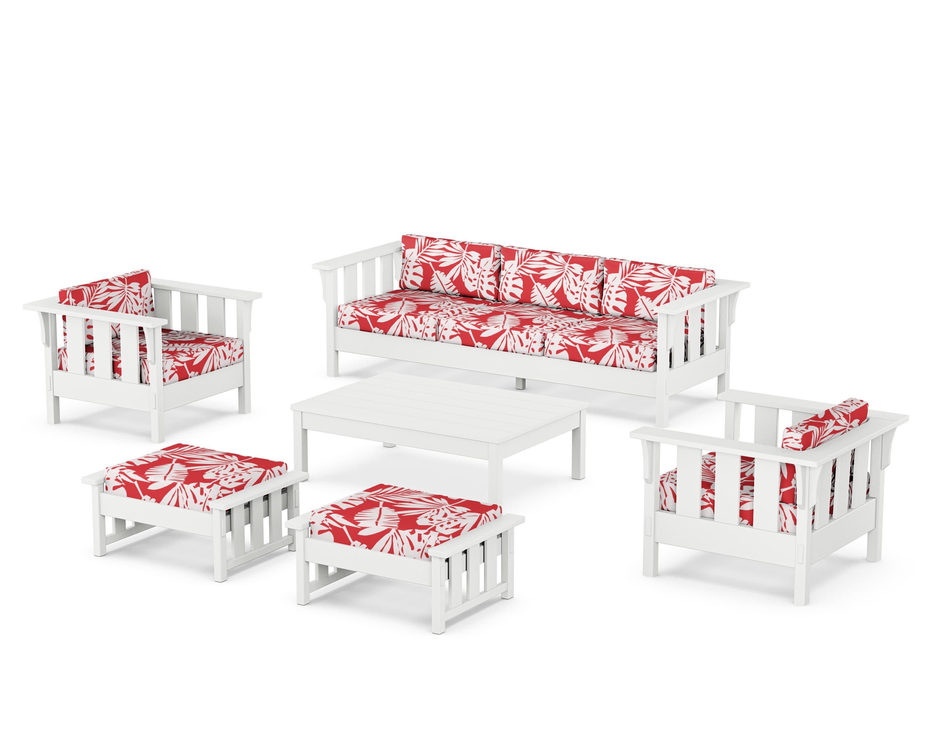 Acadia 6-Piece Lounge Sofa Set in White / Leaf Crimson