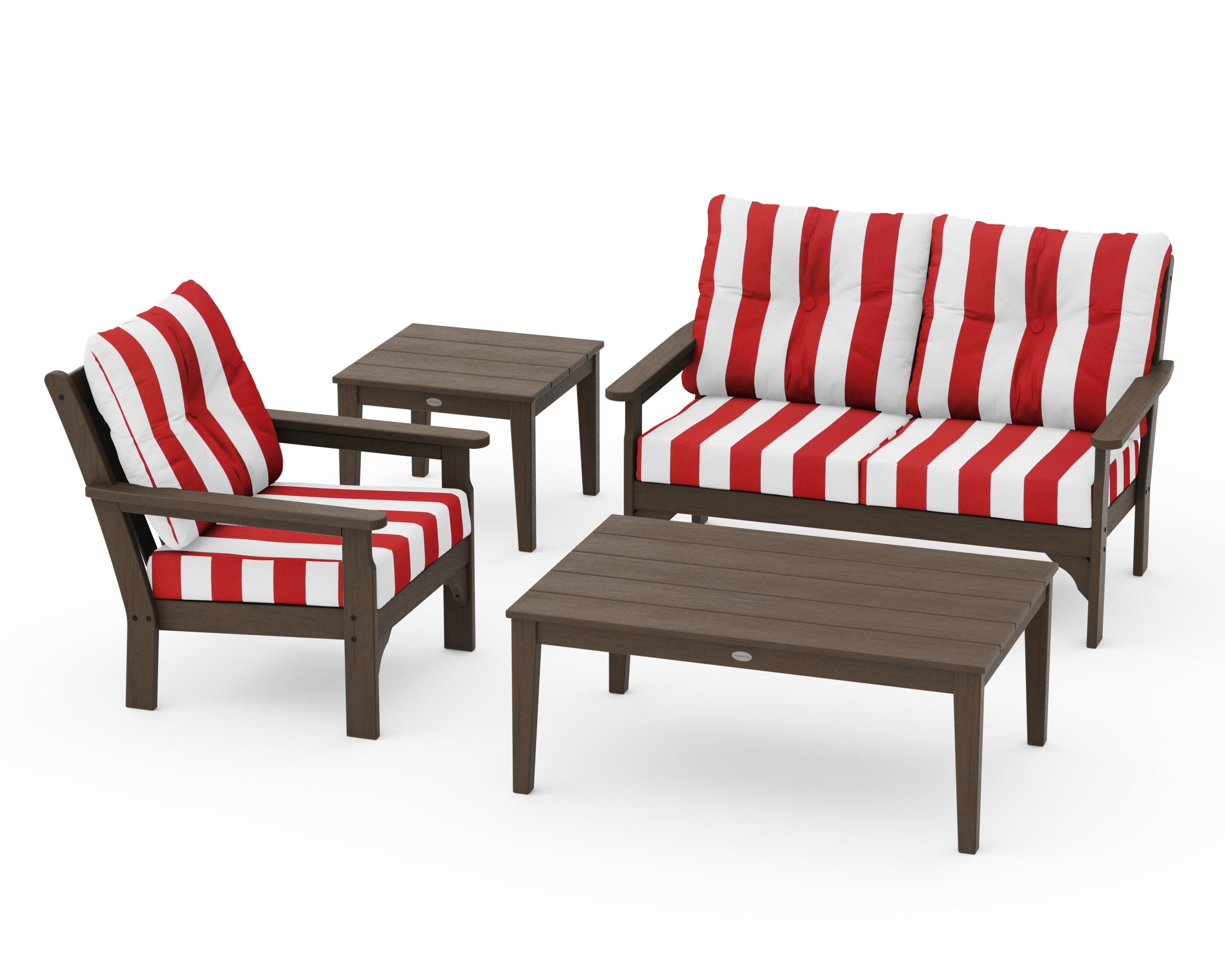 Vineyard 4-Piece Deep Seating Set in Kona / Cabana Stripe Crimson