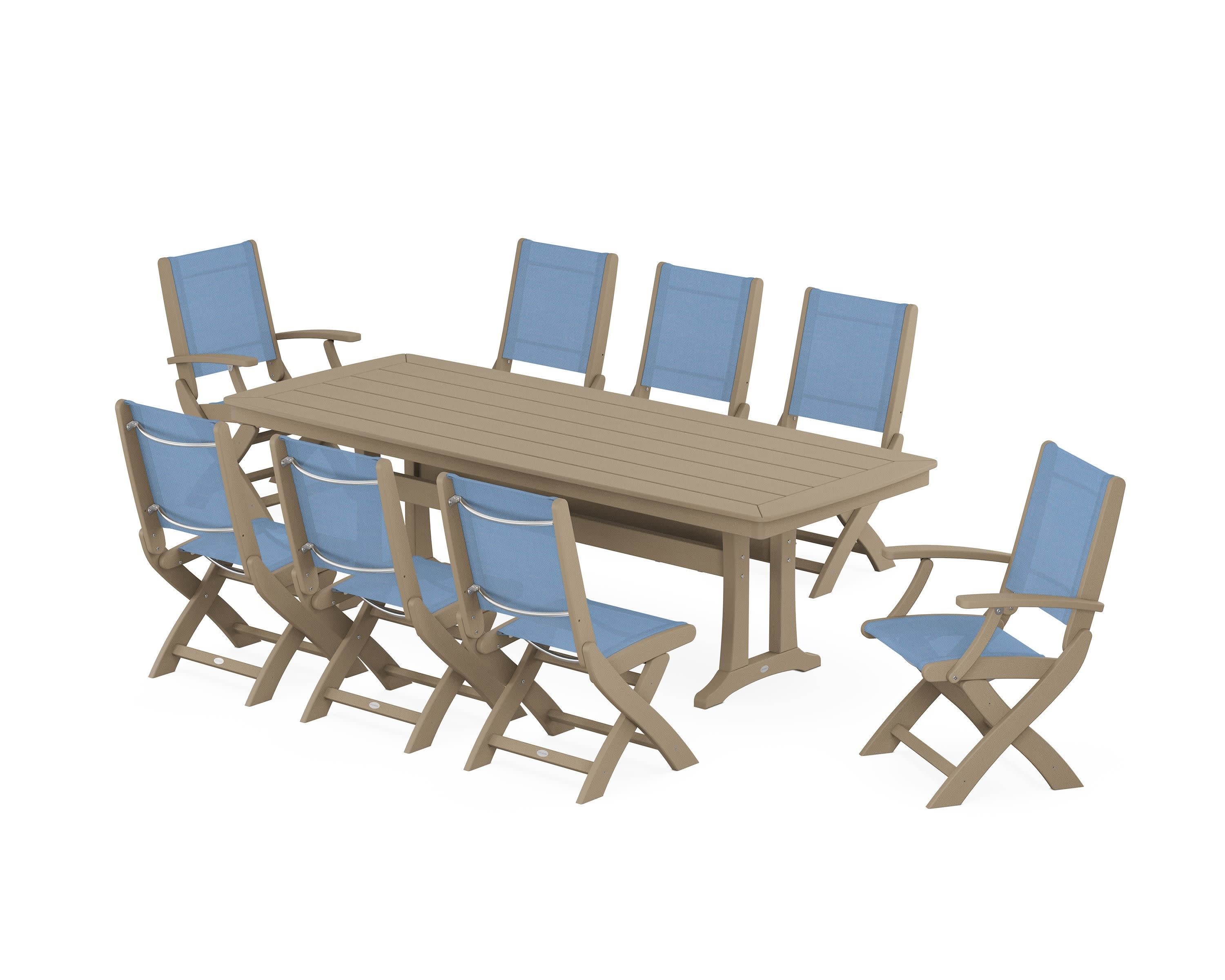 Coastal Folding 9-Piece Dining Set with Trestle Legs in Vintage Sahara / Poolside Sling
