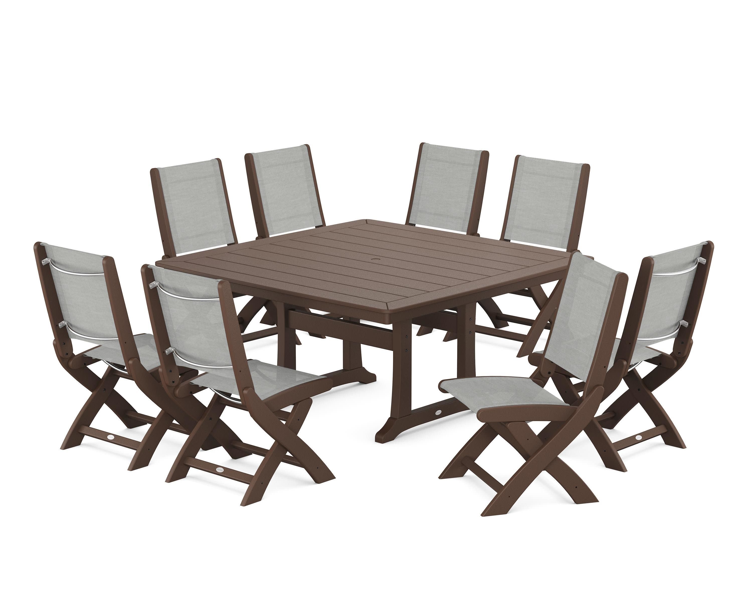 Coastal Folding Side Chair 9-Piece Dining Set with Trestle Legs in Mahogany / Metallic Sling