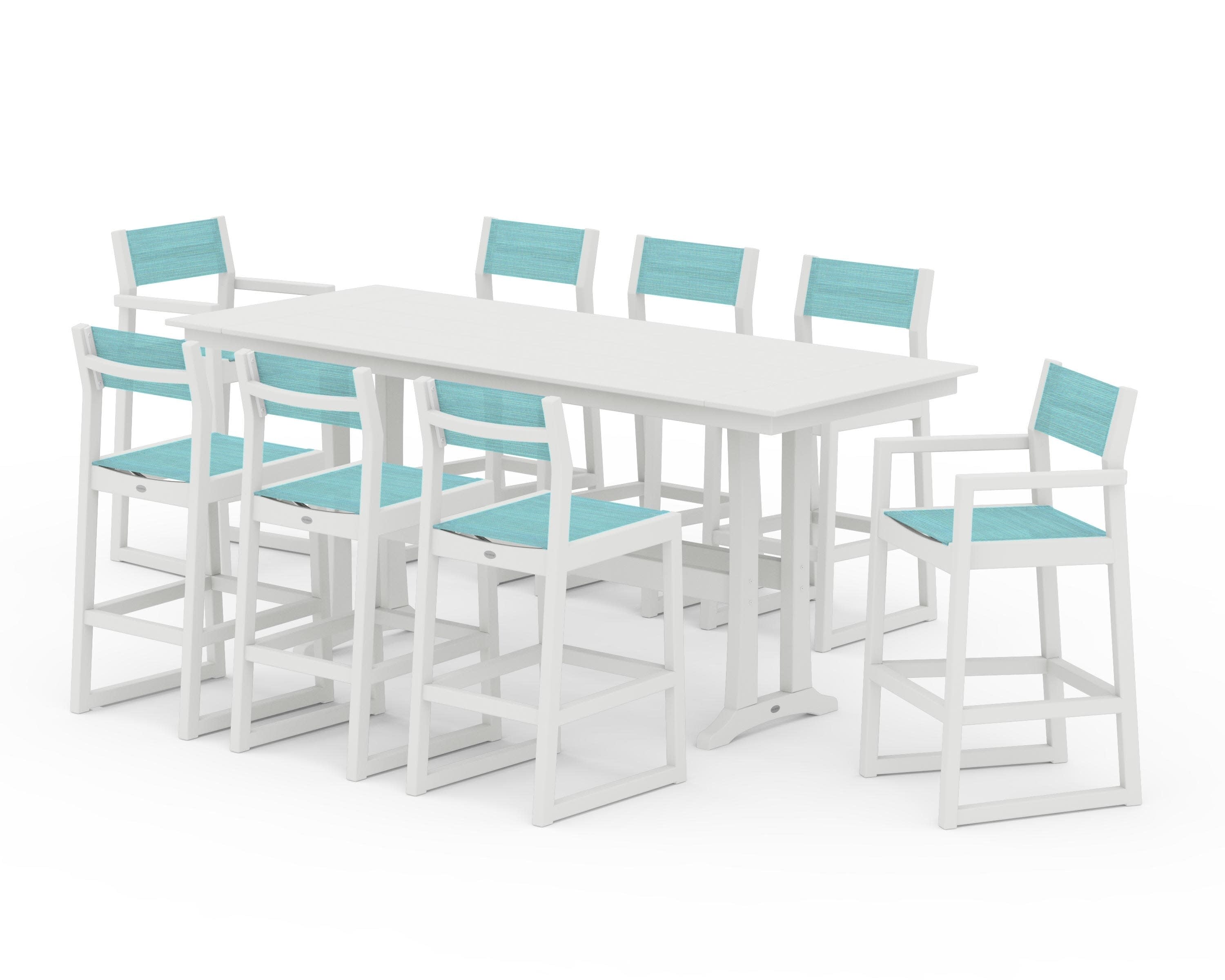 EDGE Sling 9-Piece Farmhouse Bar Set with Trestle Legs in Vintage White / Dupioni Aquamarine Sling