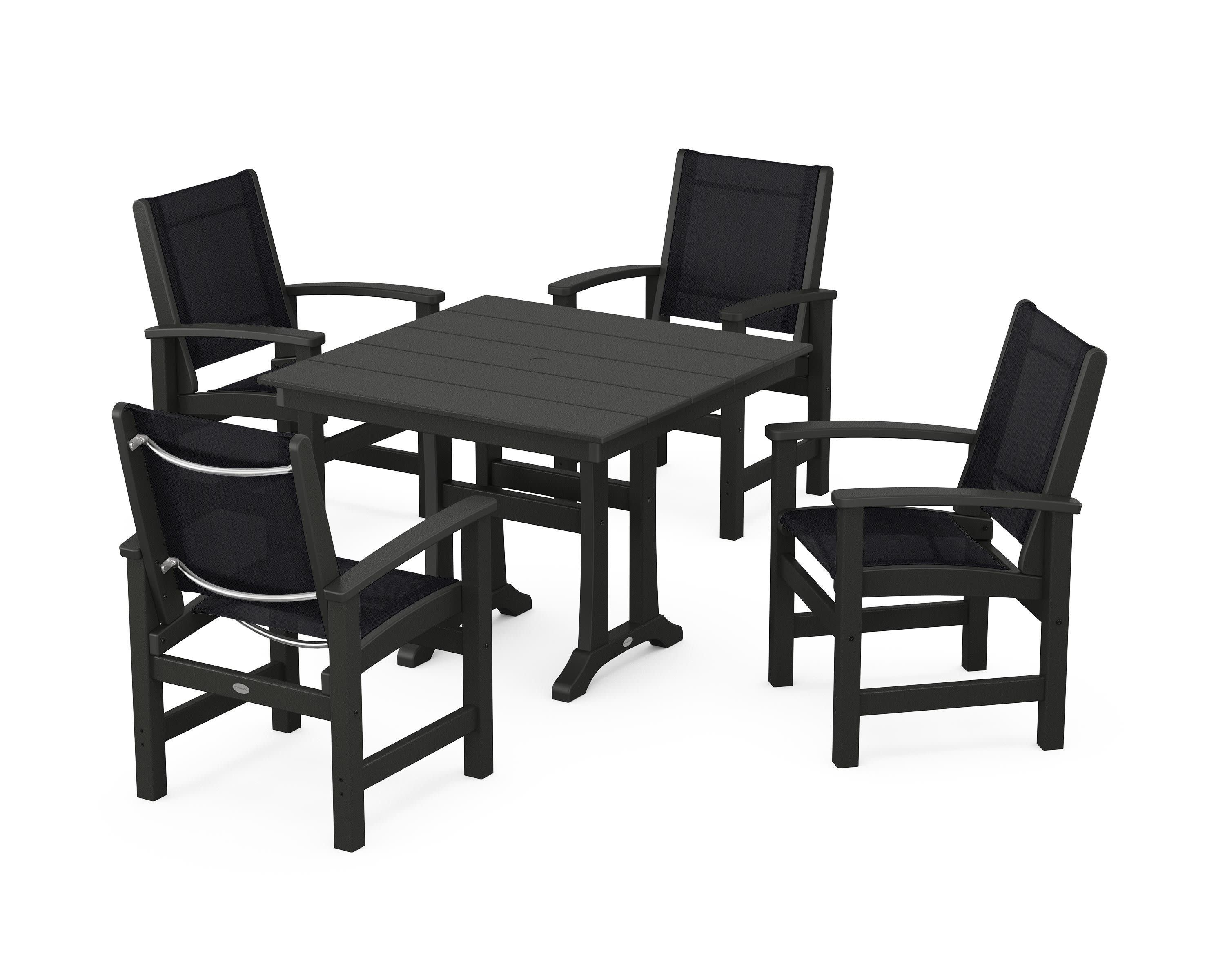 Coastal 5-Piece Farmhouse Dining Set With Trestle Legs in Black / Black Sling