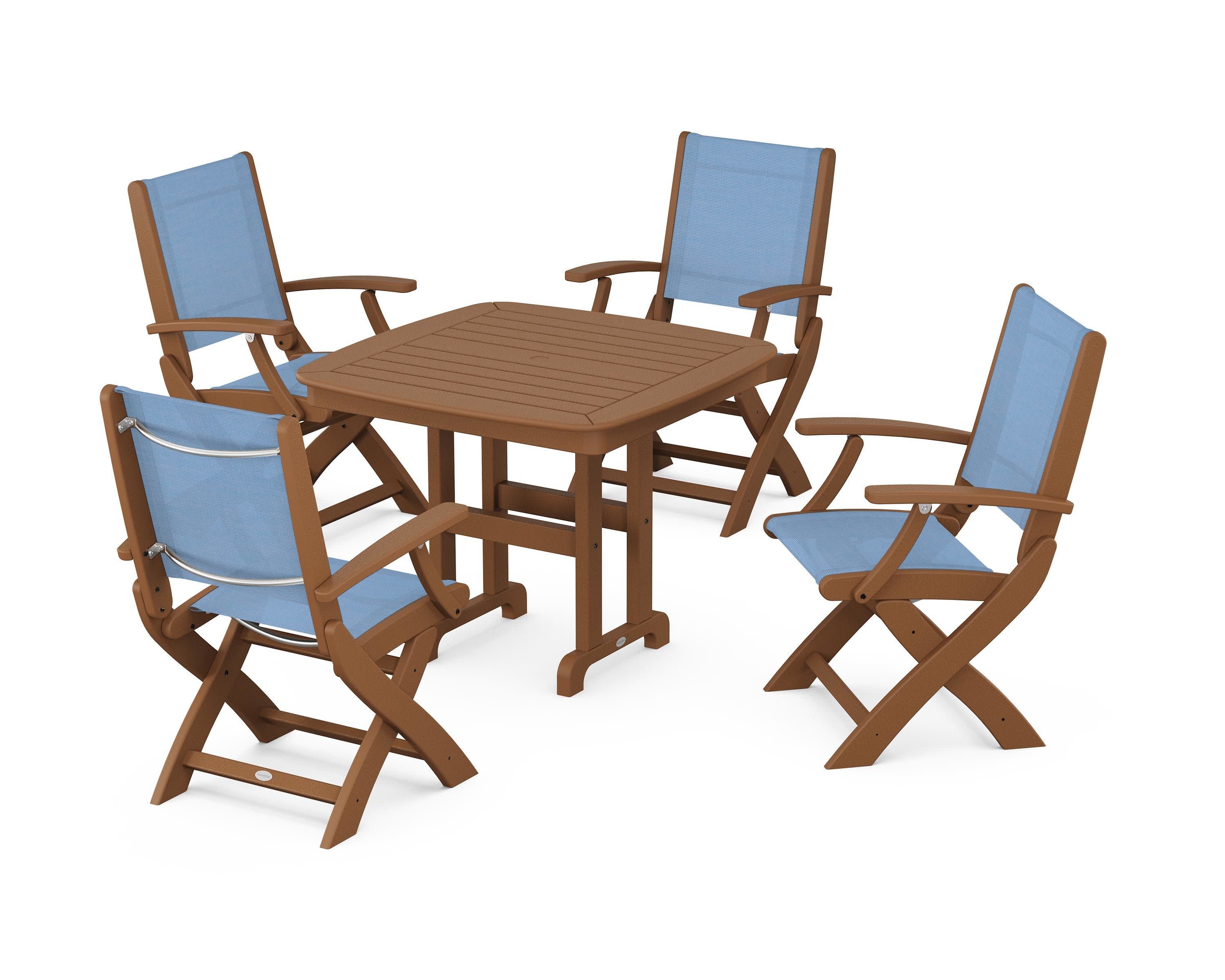 Coastal Folding Chair 5-Piece Dining Set in Teak / Poolside Sling