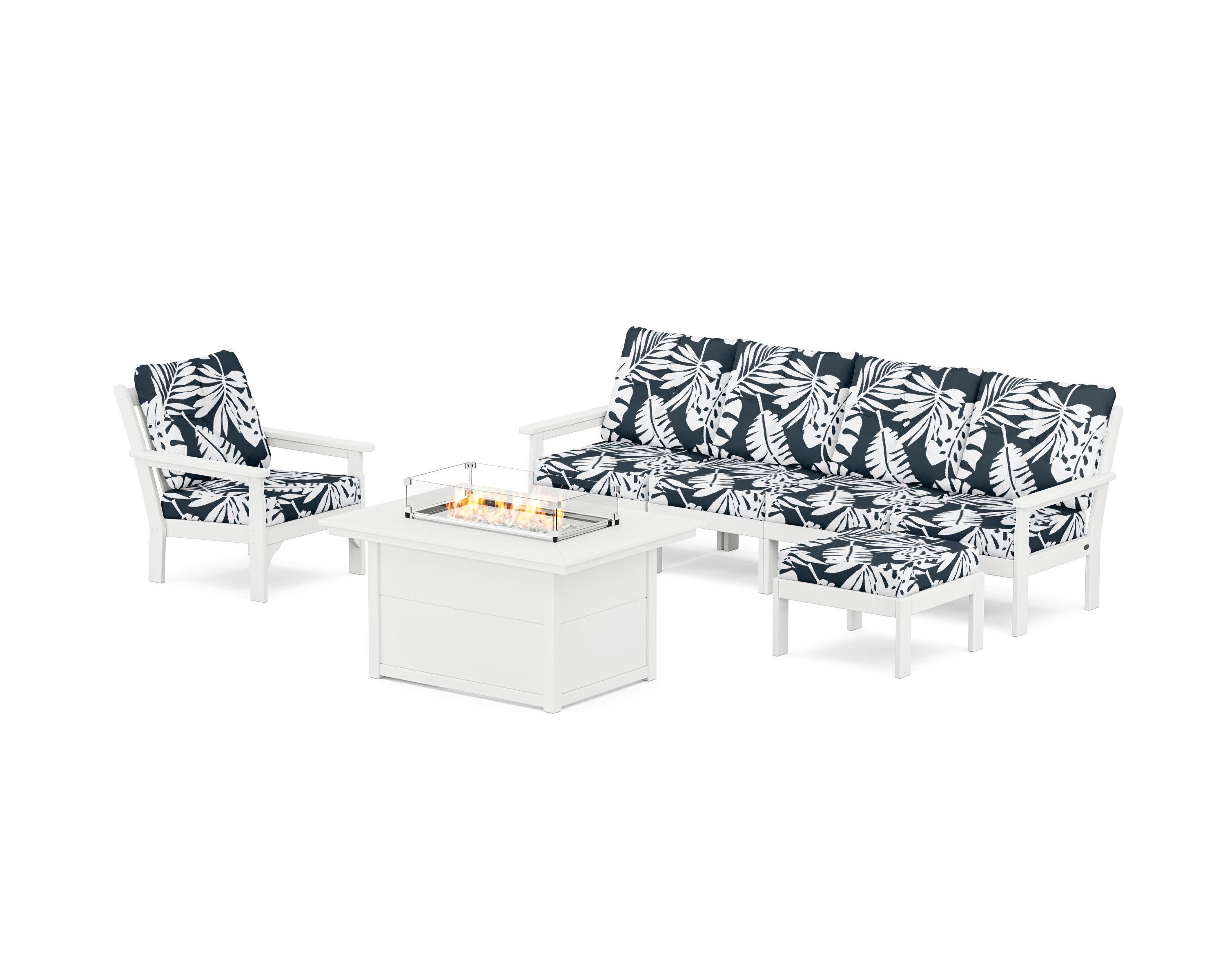 Vineyard Sectional Lounge and Fire Pit Set in White / Leaf Marine Indigo