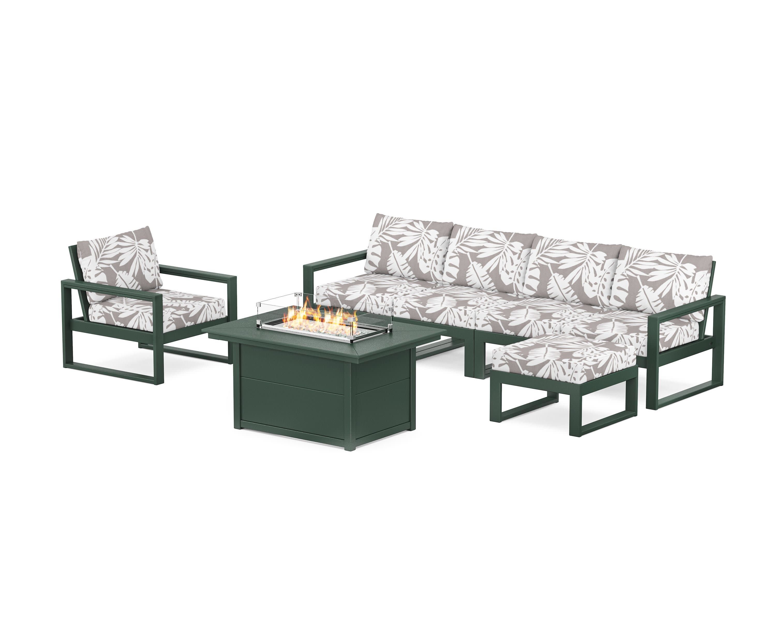 EDGE Sectional Lounge and Fire Pit Set in Green / Leaf Grey Mist