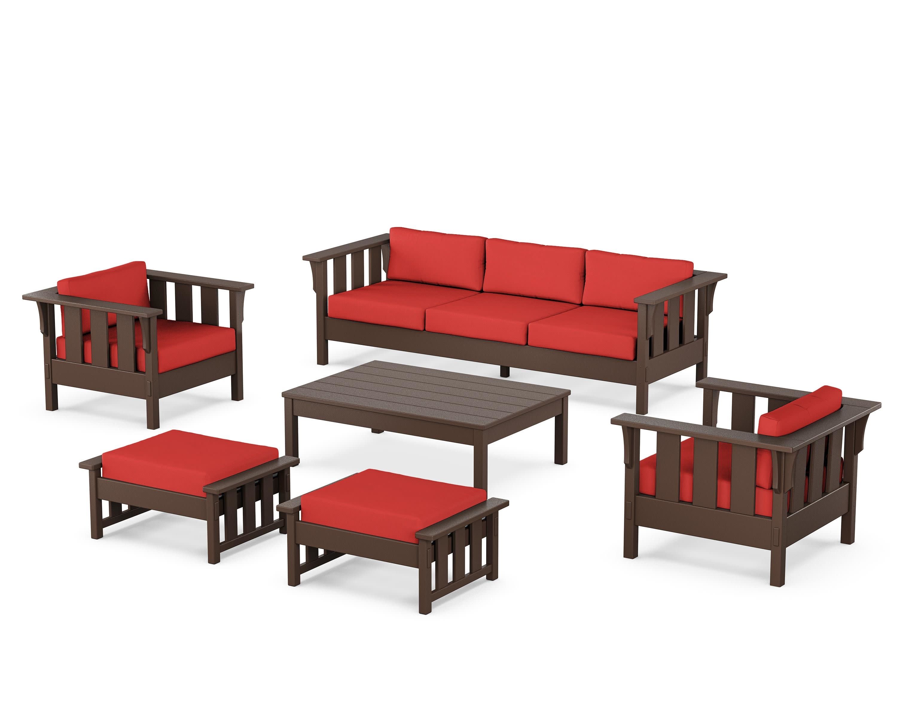 Acadia 6-Piece Lounge Sofa Set in Mahogany / Crimson Linen