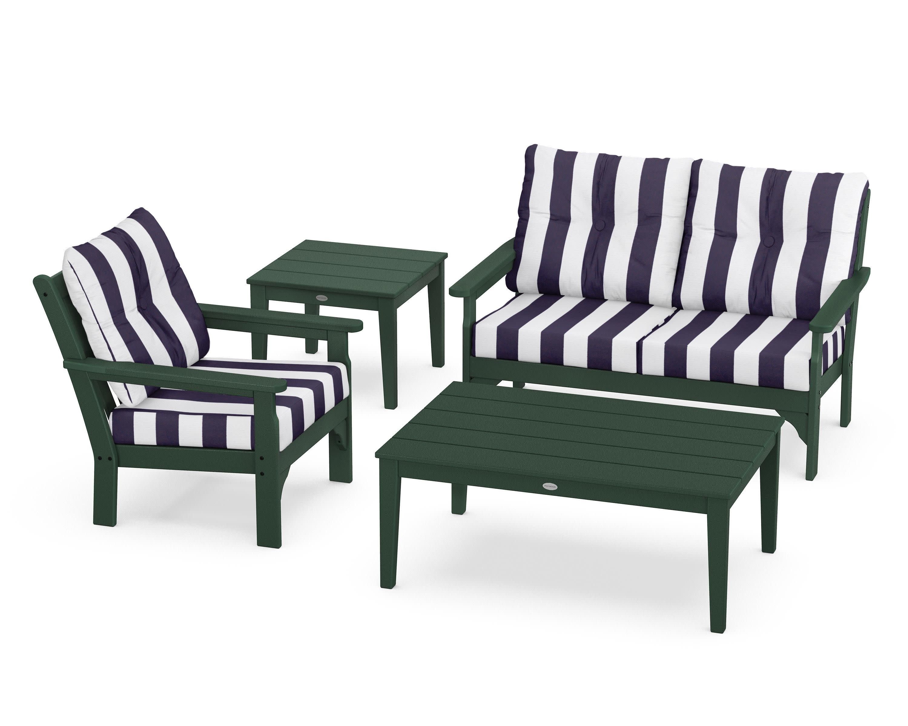 Vineyard 4-Piece Deep Seating Set in Green / Cabana Stripe Navy