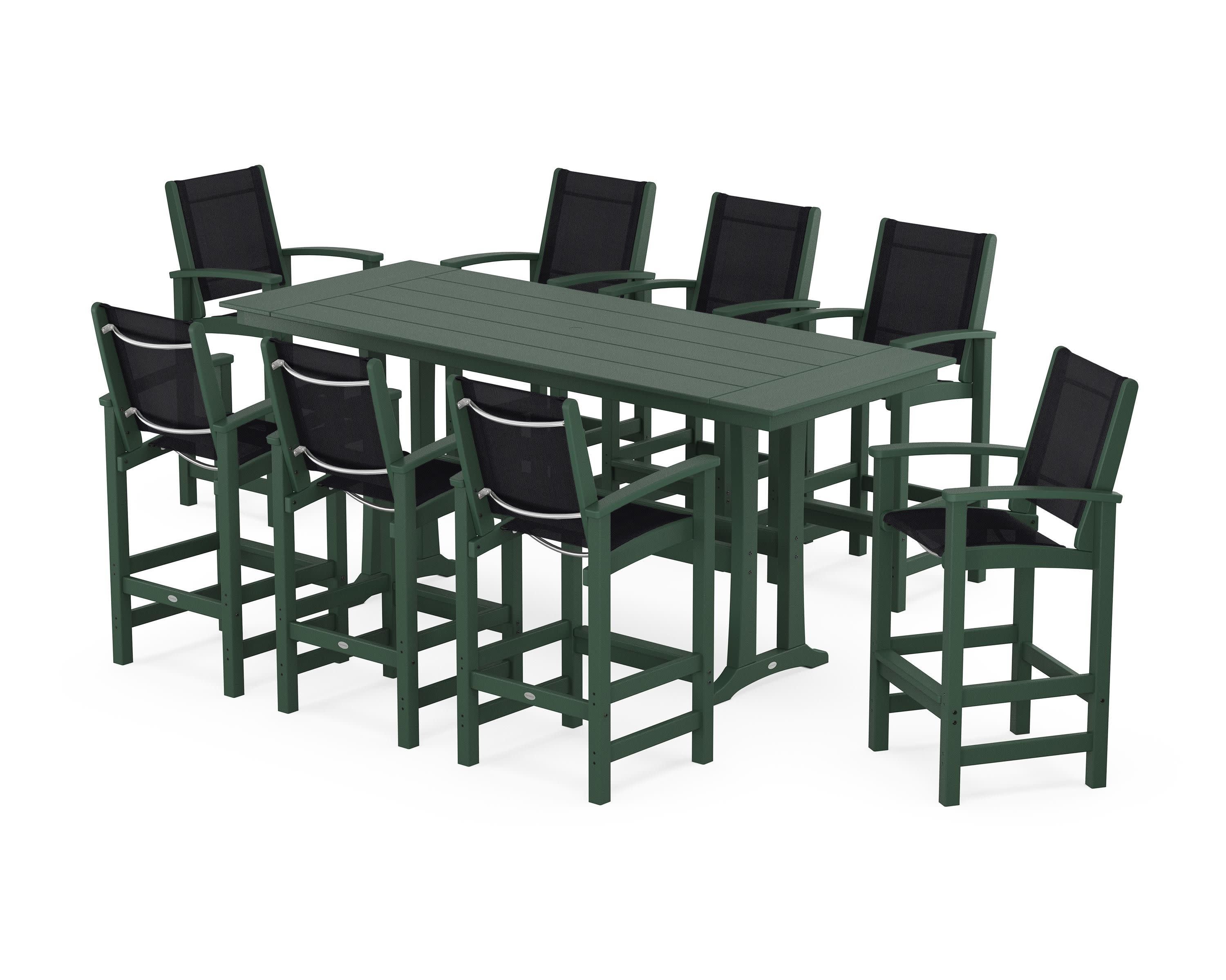 Coastal 9-Piece Farmhouse Bar Set with Trestle Legs in Green / Black Sling