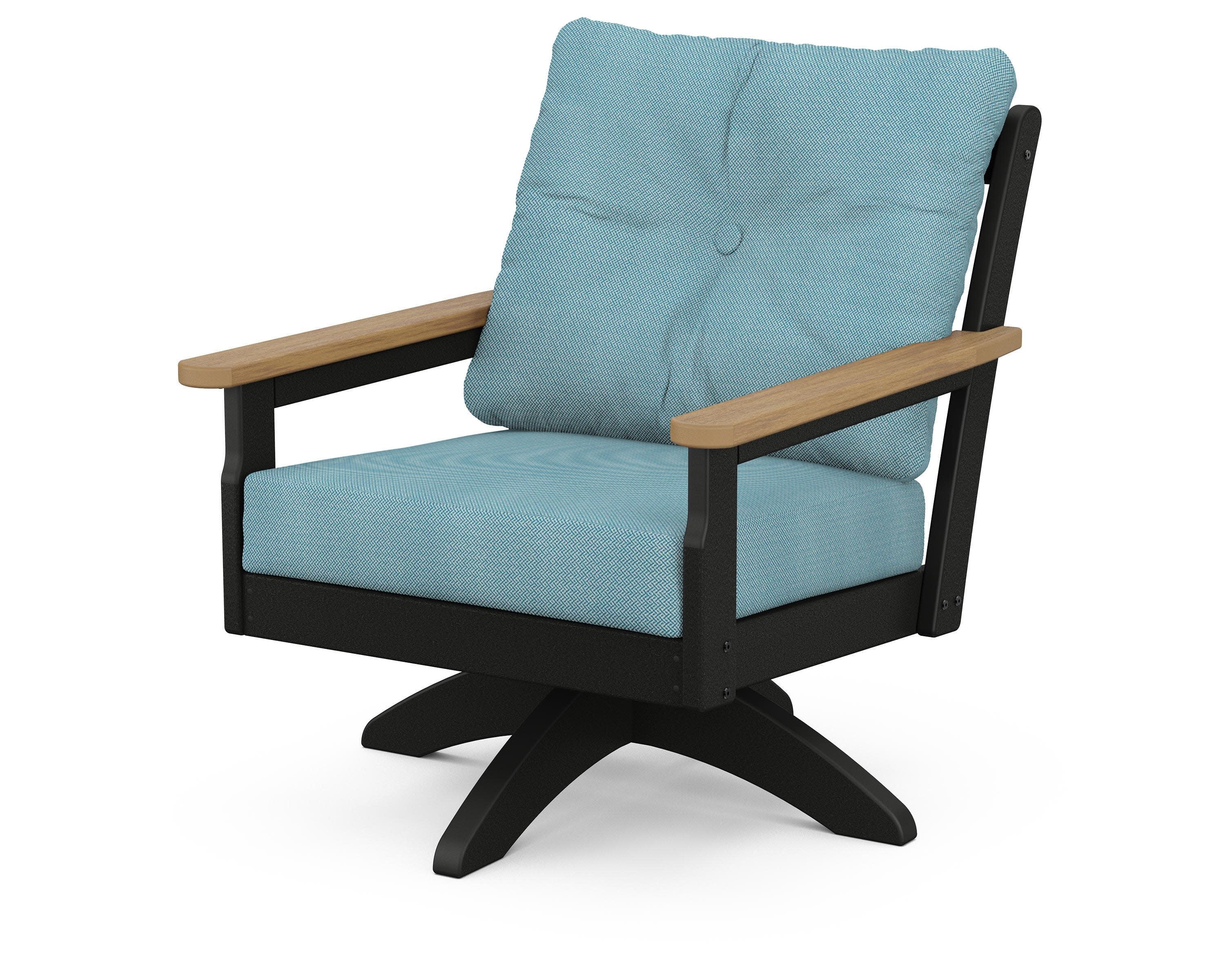 Vineyard Deep Seating Swivel Chair in Black / Natural / Lattice Sky Blue