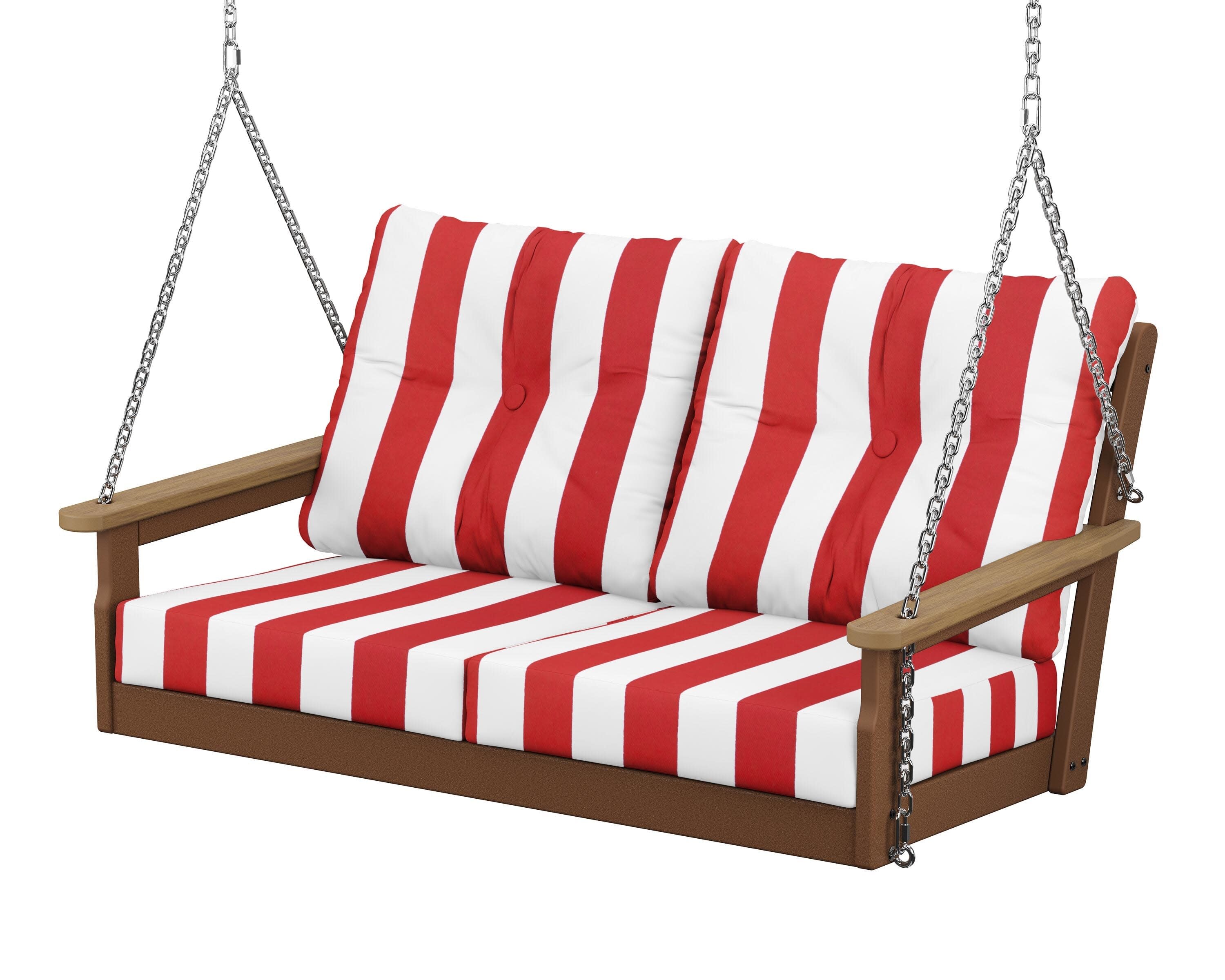 Vineyard Deep Seating Swing in Teak / Natural / Cabana Stripe Crimson