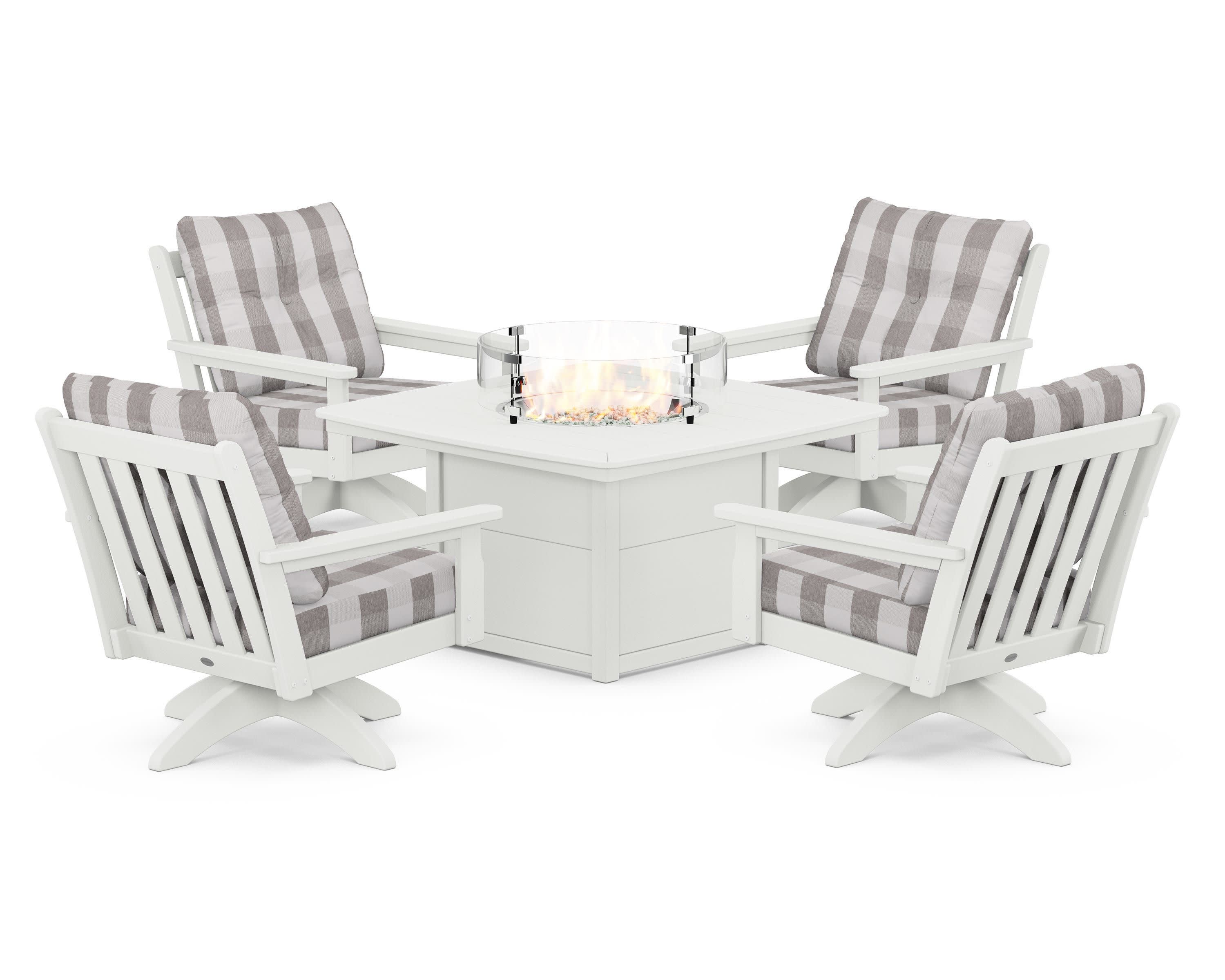 Vineyard 5-Piece Deep Seating Swivel Conversation Set with Fire Pit Table in Vintage White / Buffalo Plaid Grey Mist