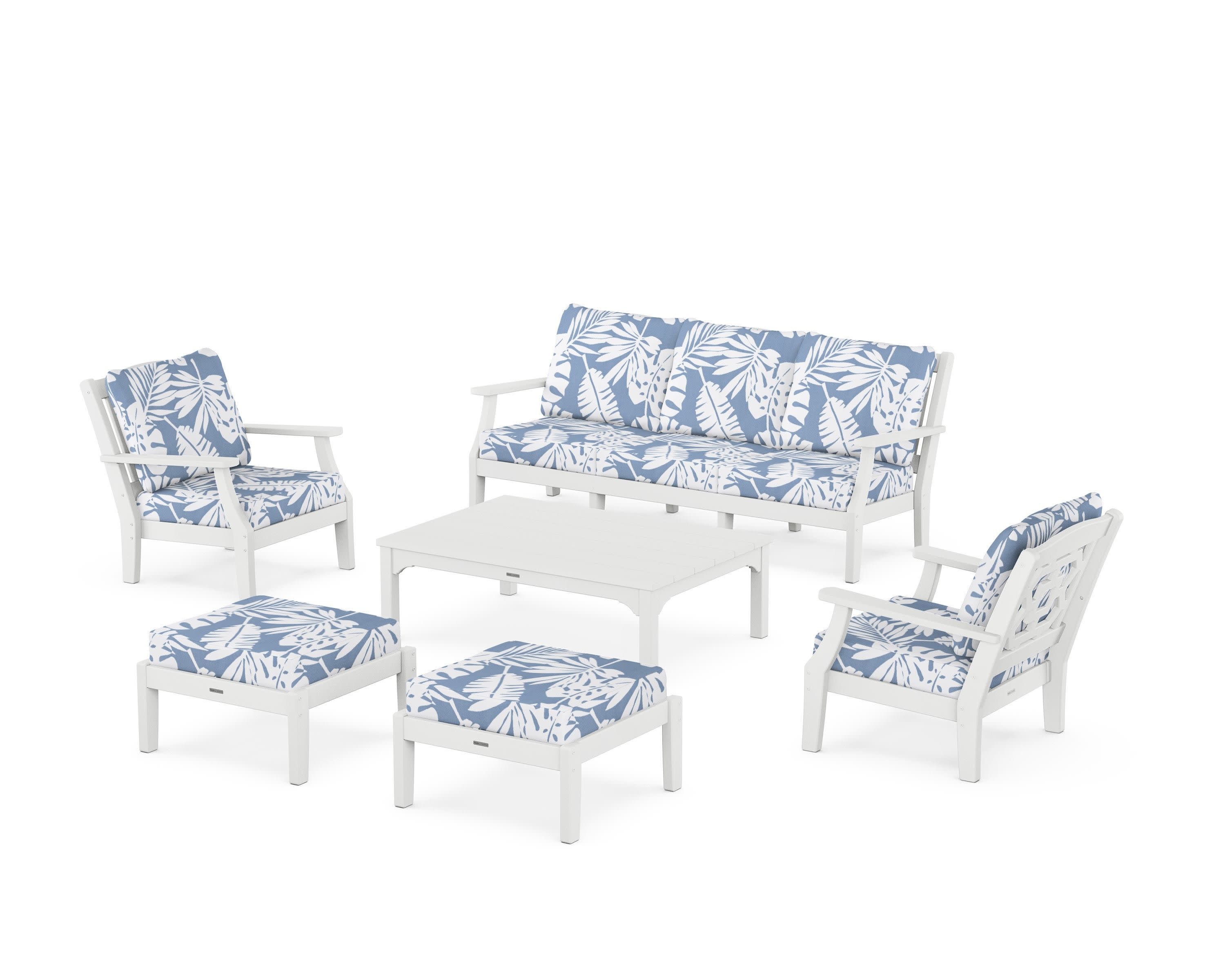 Chinoiserie 6-Piece Lounge Sofa Set in White / Leaf Sky Blue