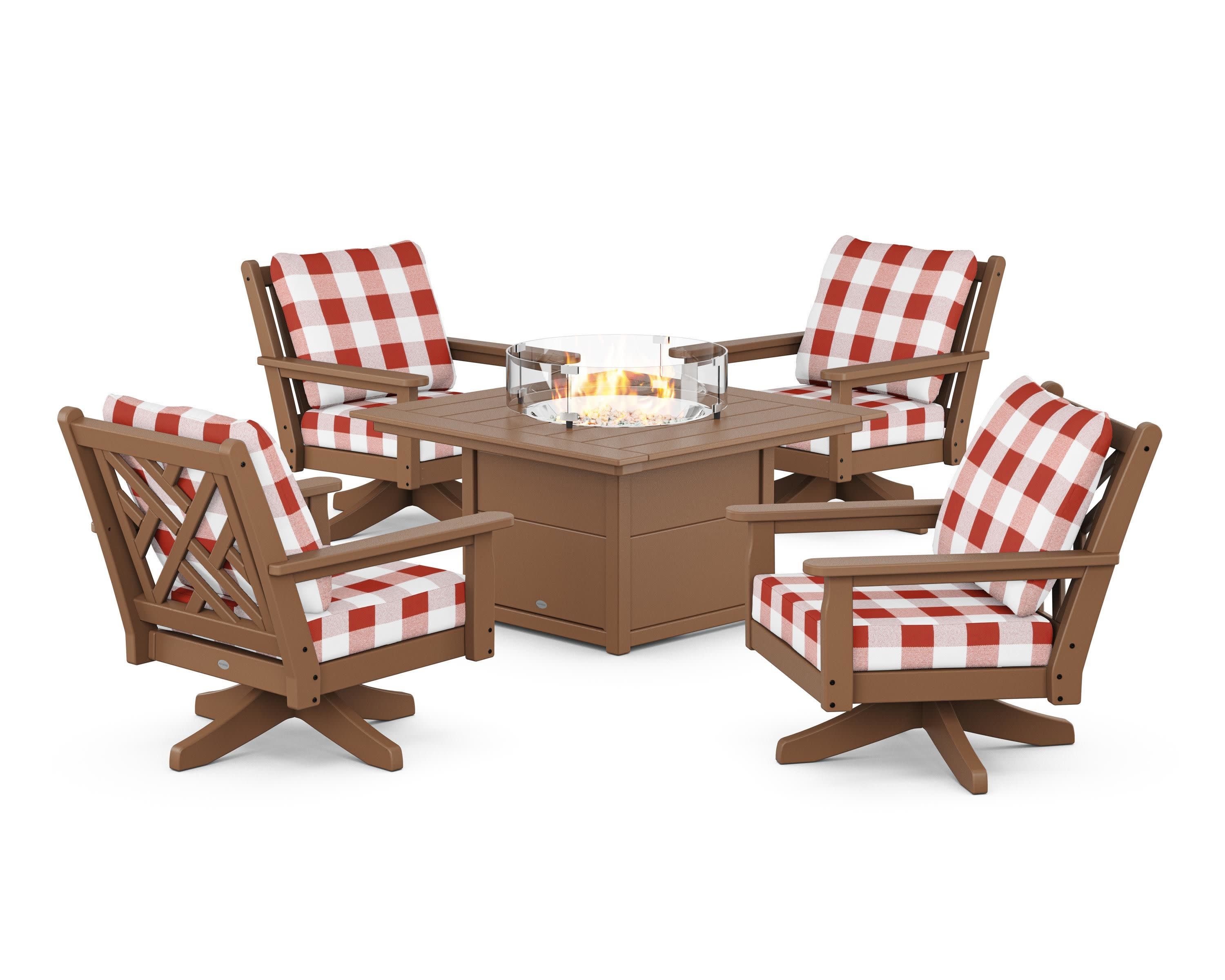 Chippendale 5-Piece Deep Seating Swivel Conversation Set with Fire Pit Table in Teak / Buffalo Plaid Crimson